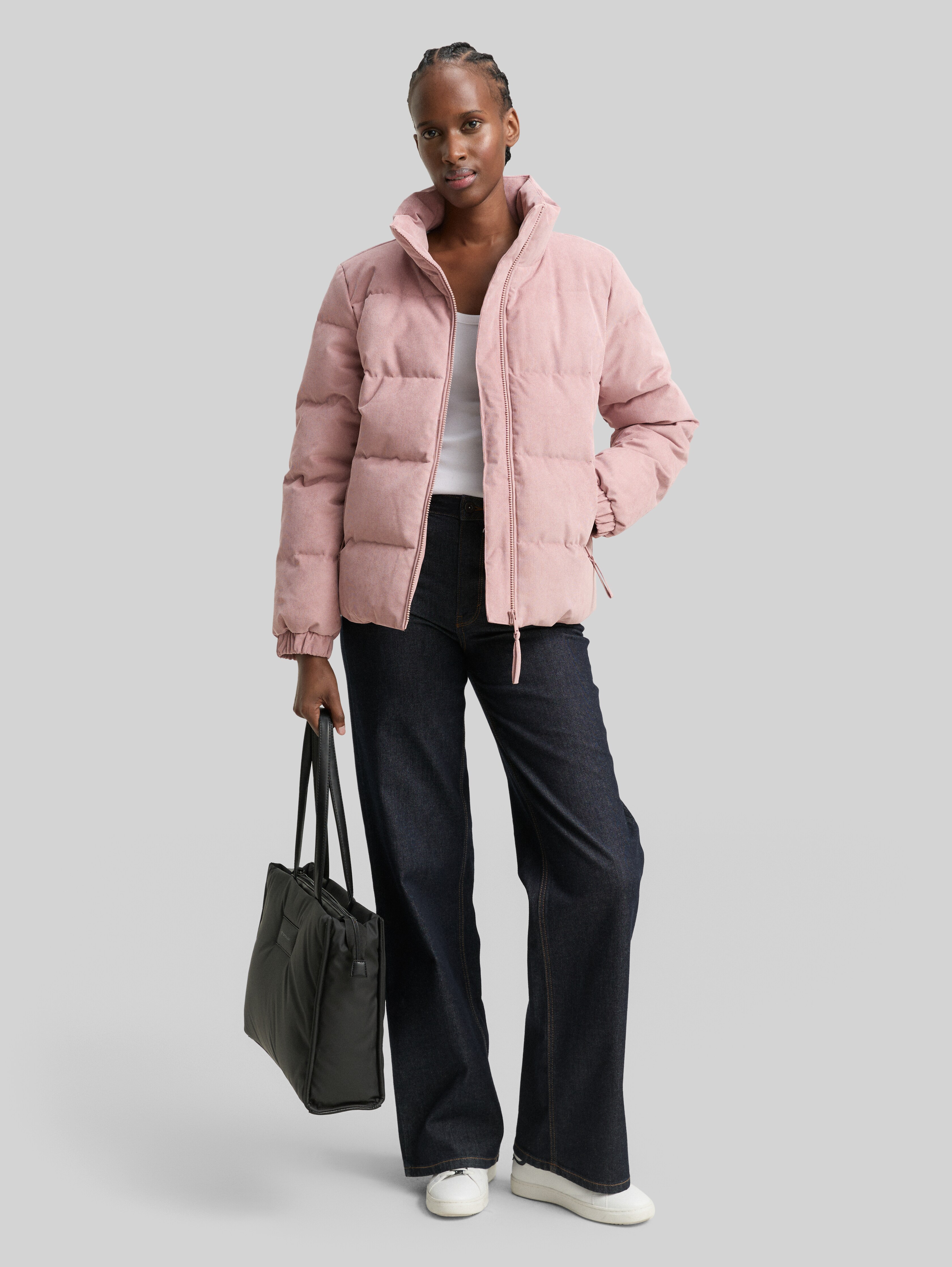 Corduroy puffer jacket with stand-up collar in pink by Tom Tailor