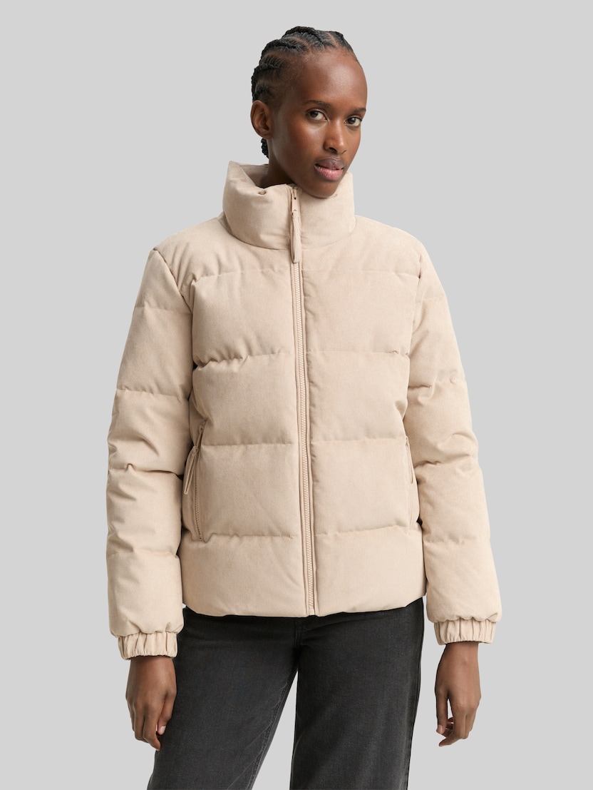 Corduroy puffer jacket with stand-up collar by Denim Female, Cashew Beige