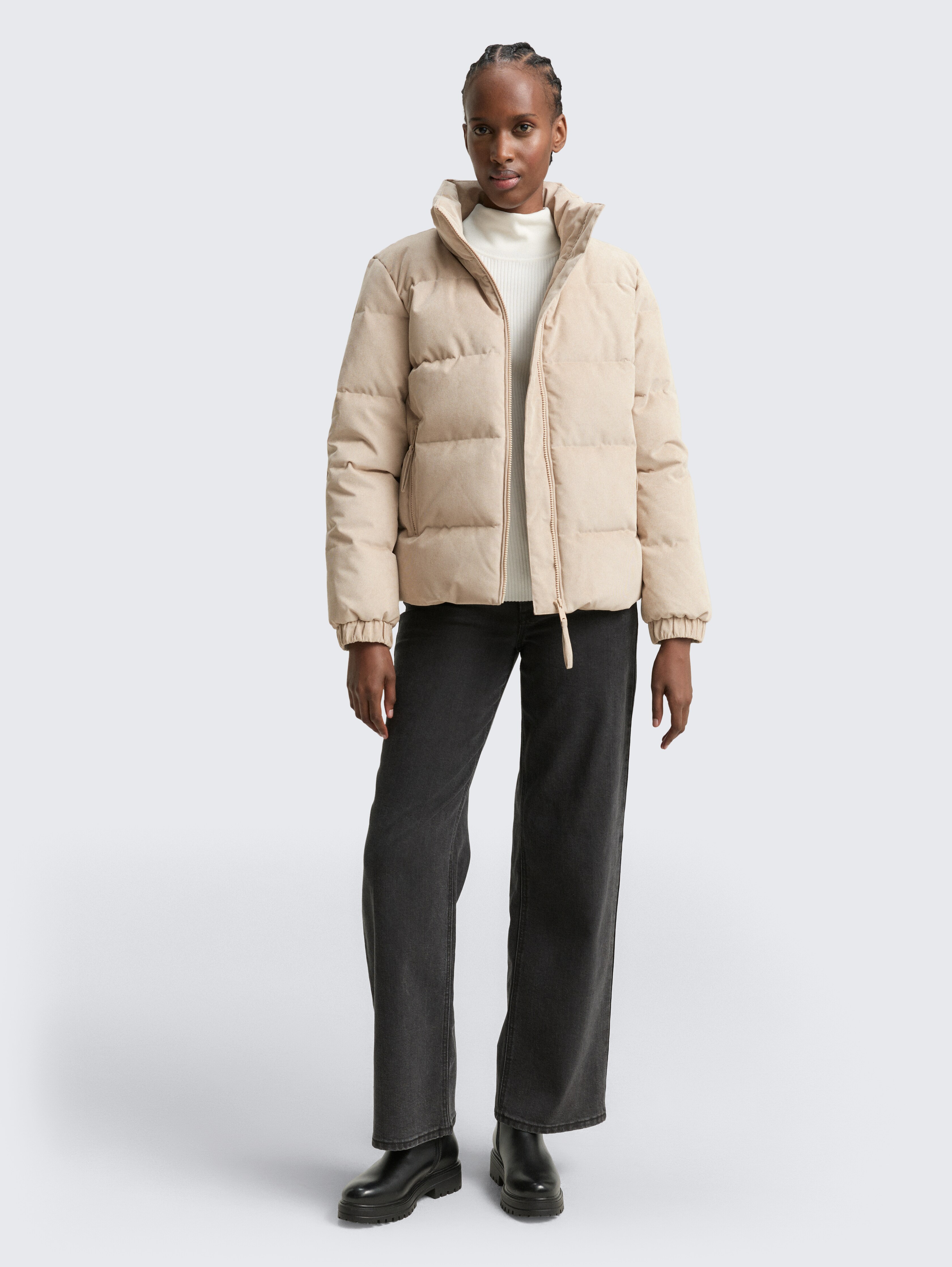 Corduroy puffer jacket with stand-up collar in brown by Tom Tailor