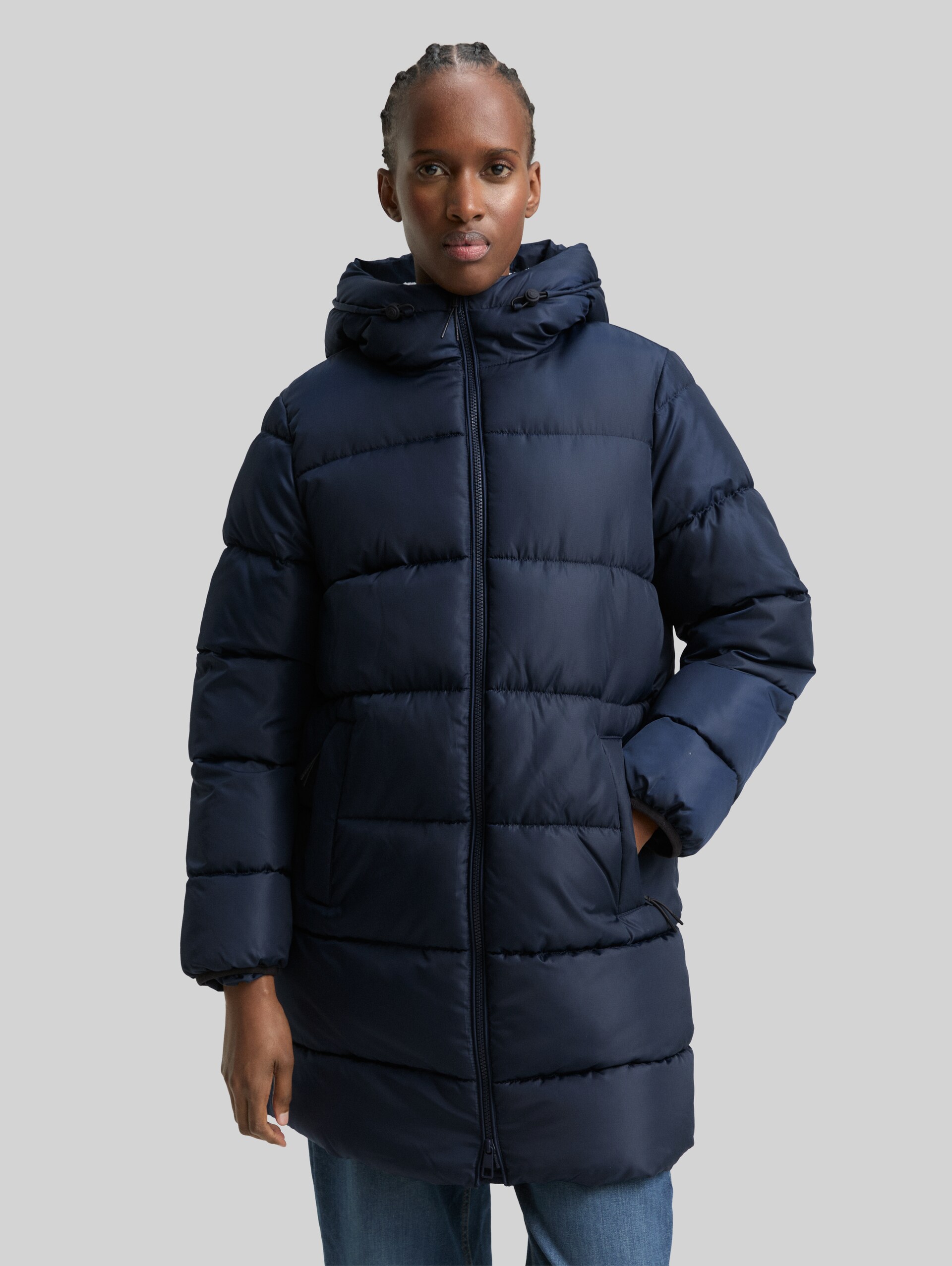 Puffer-Mantel mit Kapuze - sky captain blue - Model-Vorderansicht