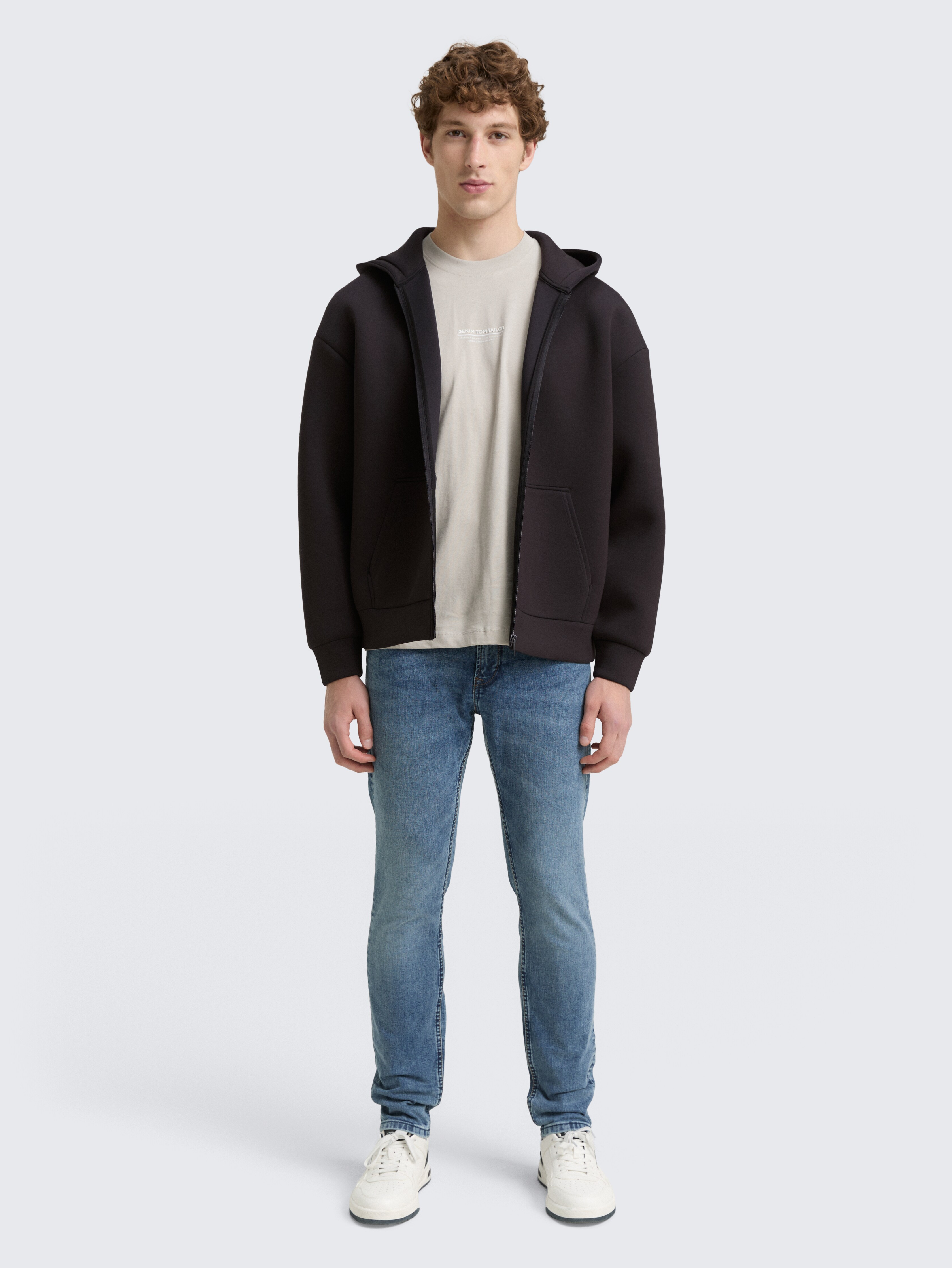 Relaxed fit hoodie sweat jacket from Scuba in black by Tom Tailor