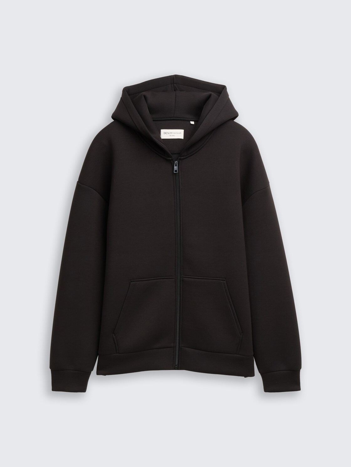 Relaxed Fit Hoodie Sweatjacke aus Scuba - Night Watch Black - Vorder-Produkt-Ansicht