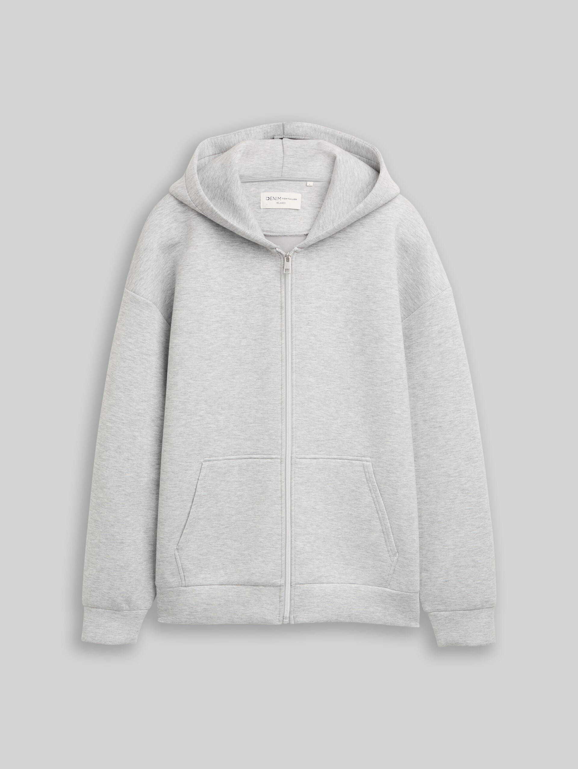 Relaxed Fit Hoodie Sweatjacke aus Scuba - Light Stone Grey Melange - Vorder-Produkt-Ansicht
