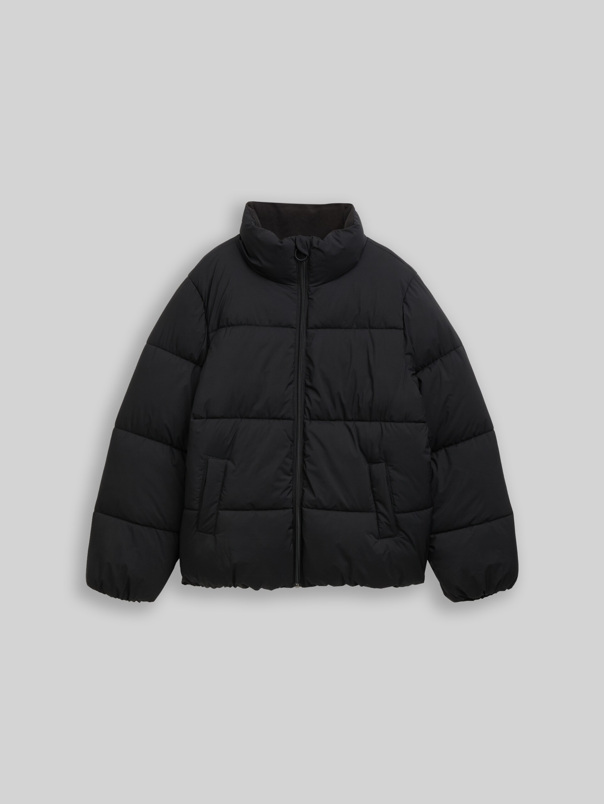 Puffer jacket with stand-up collar - Black - Front product view
