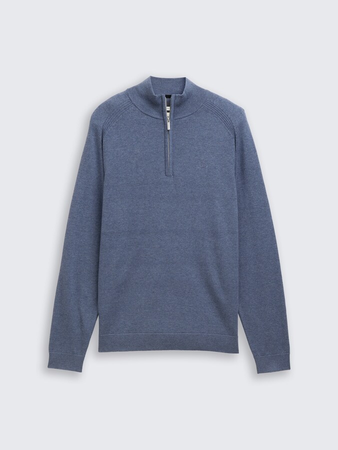 Troyer knitted jumper with logo embroidery by Men, vintage indigo blue melange