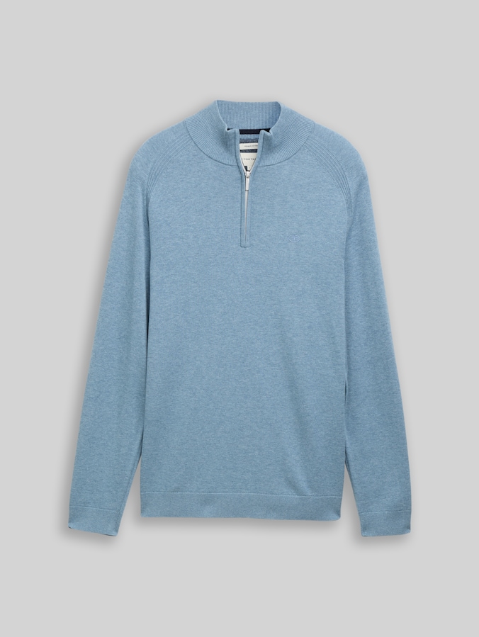 Troyer knitted jumper with logo embroidery by Men, faded blue melange