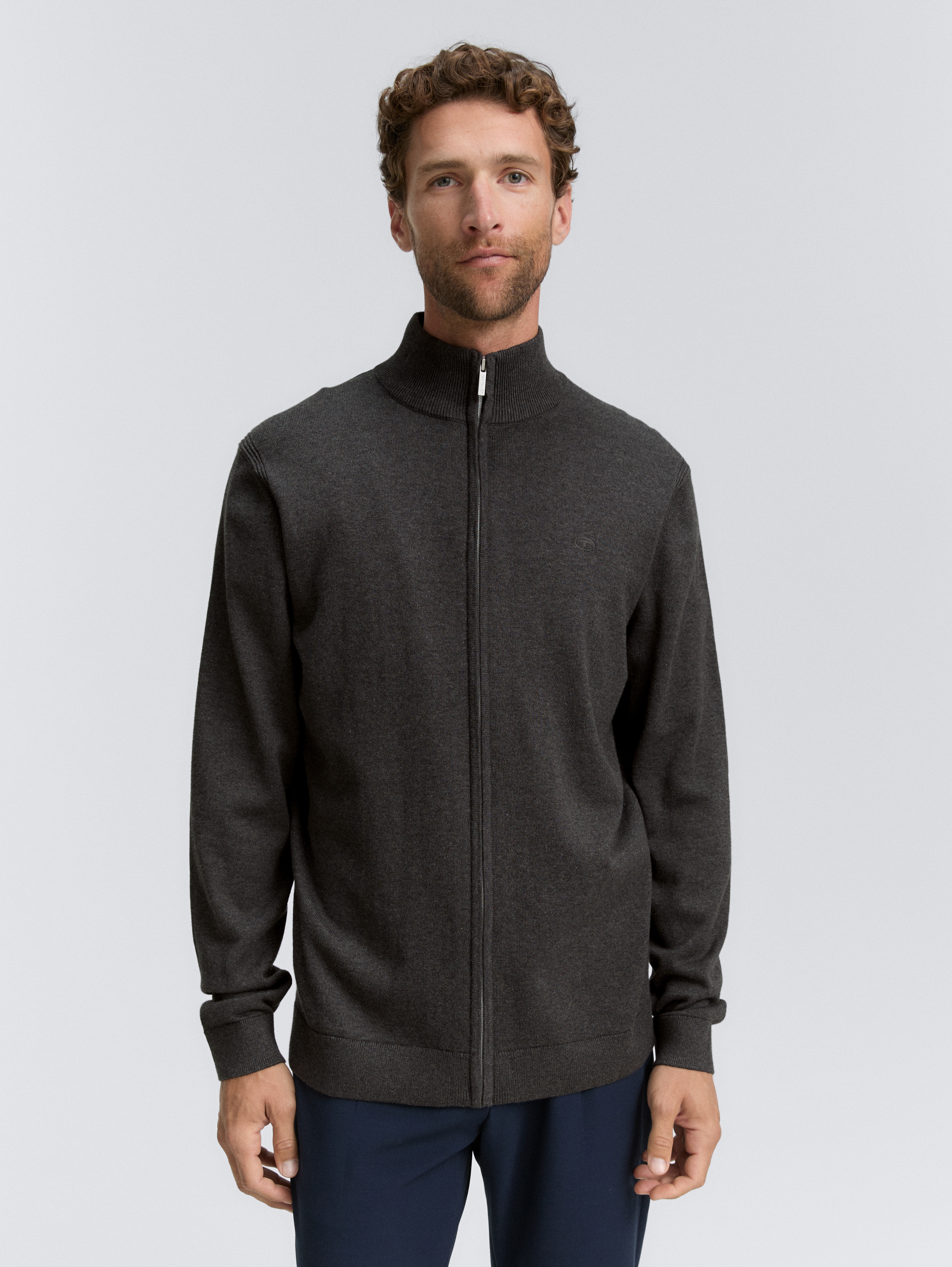 Strickjacke mit Stehkragen von Men, Black Grey Melange