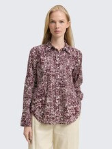 Shirt blouse with pattern - dark red abstract dot design - Neckline model front view