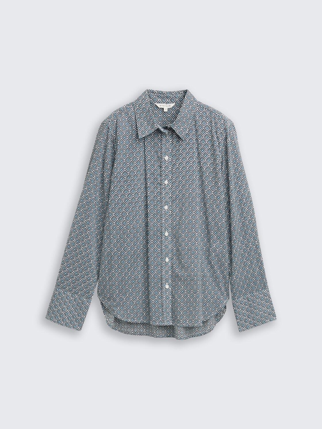 Shirt blouse with pattern - teal offwhite geometric design - Front product view
