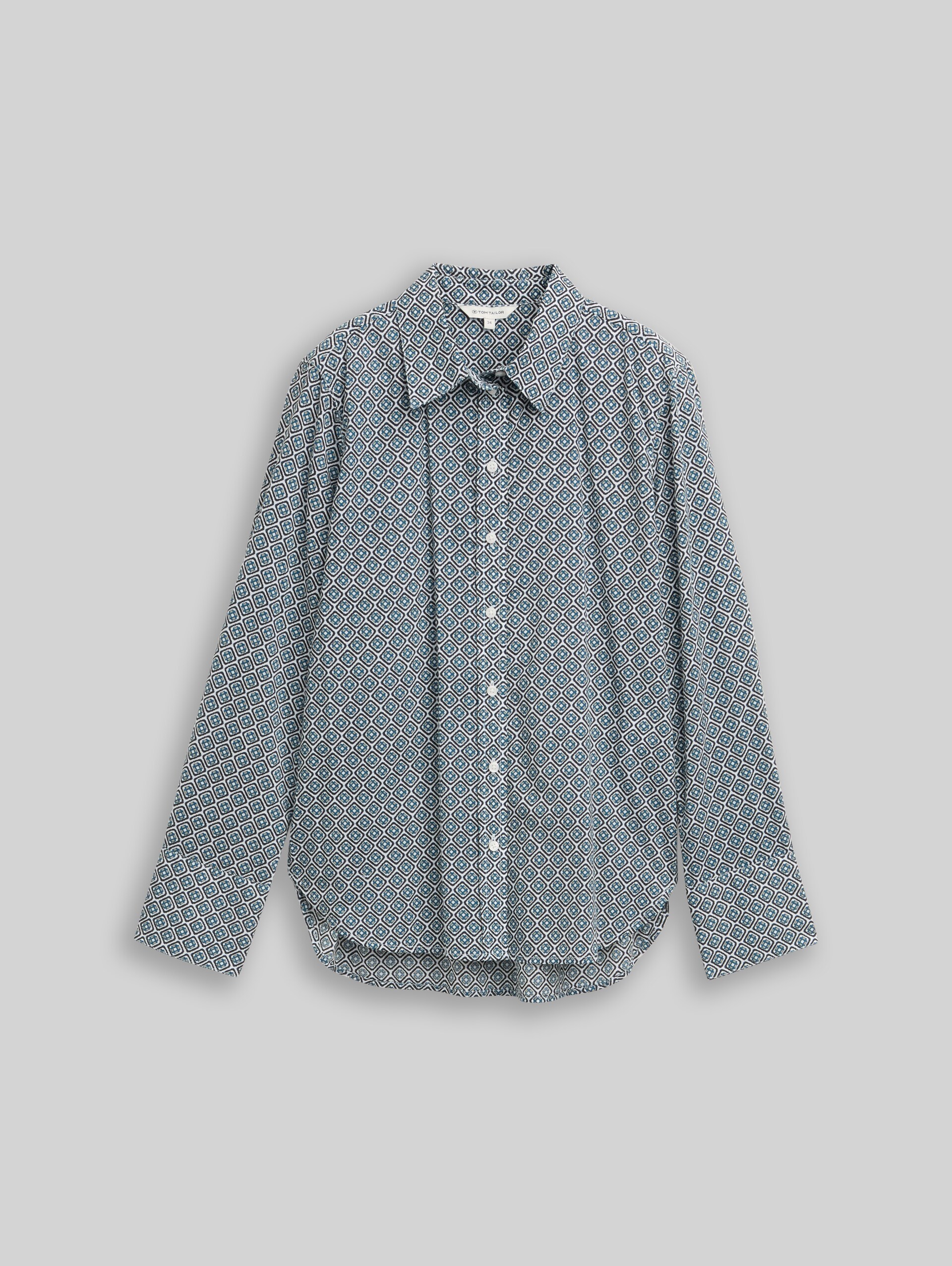 Shirt blouse with pattern - teal offwhite geometric design - Front product view