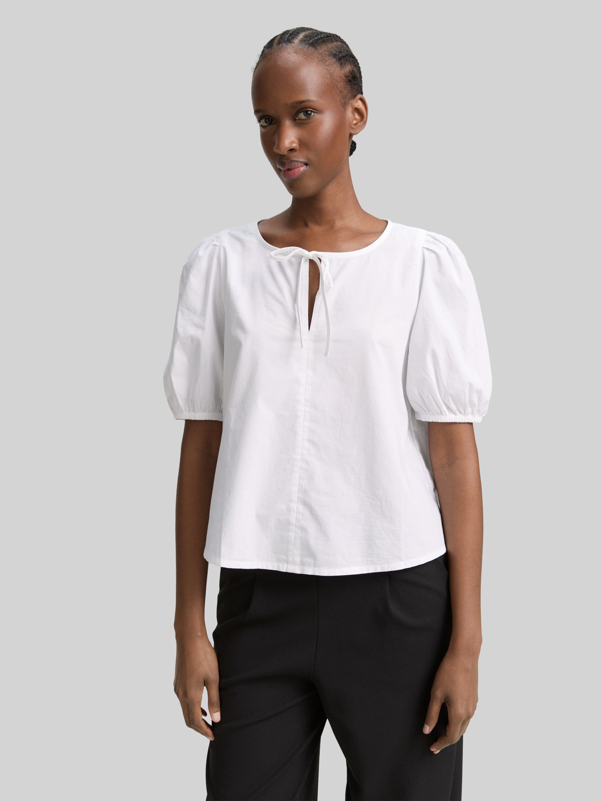 Poplin blouse with bow detail - White - Neckline model front view