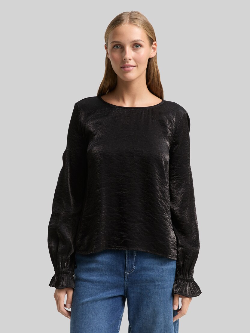 Loose fit blouse met satijnglans door Denim Female, deep black