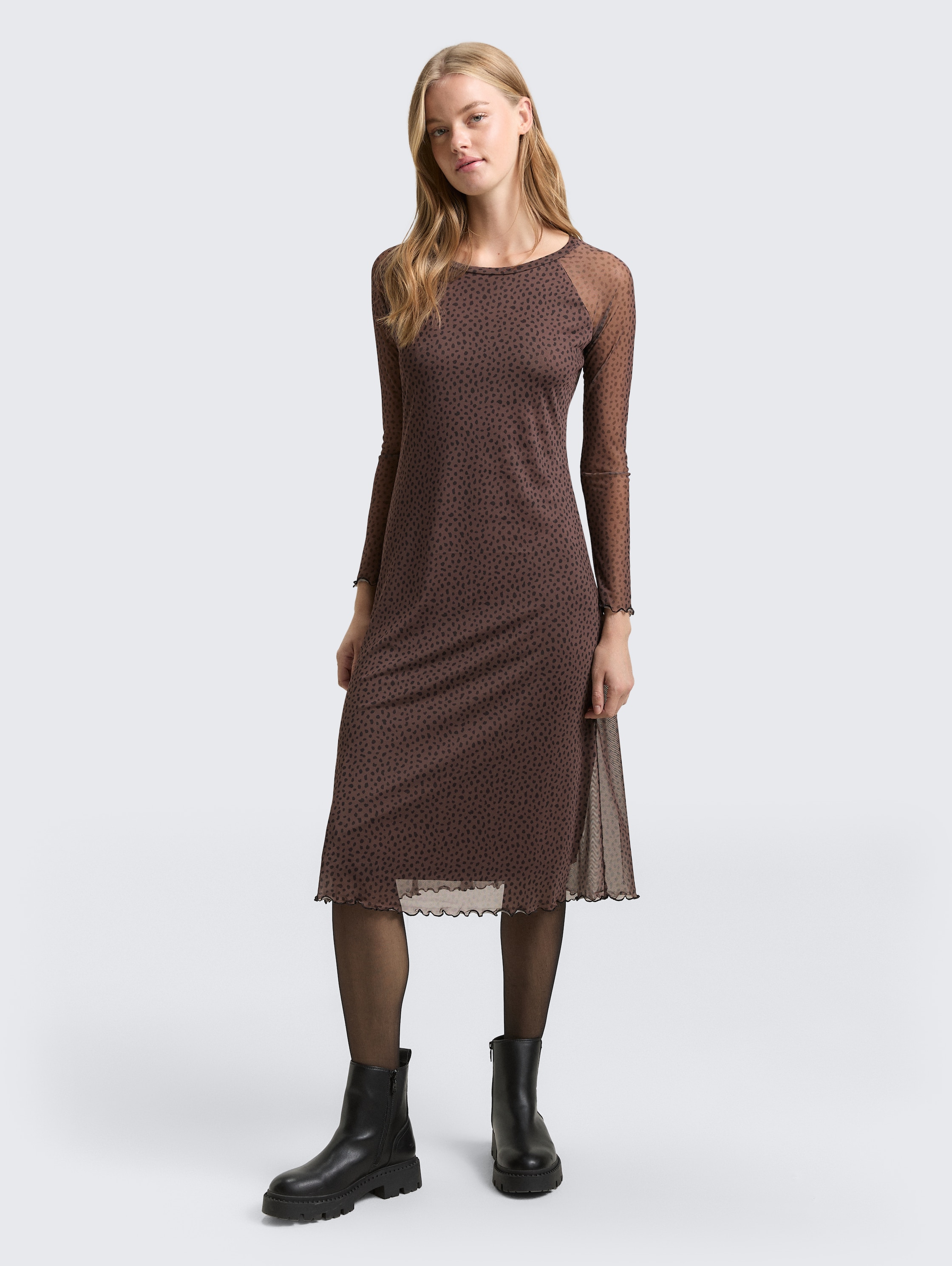 Mesh midi dress with pattern - brown_black_dotted_print - 