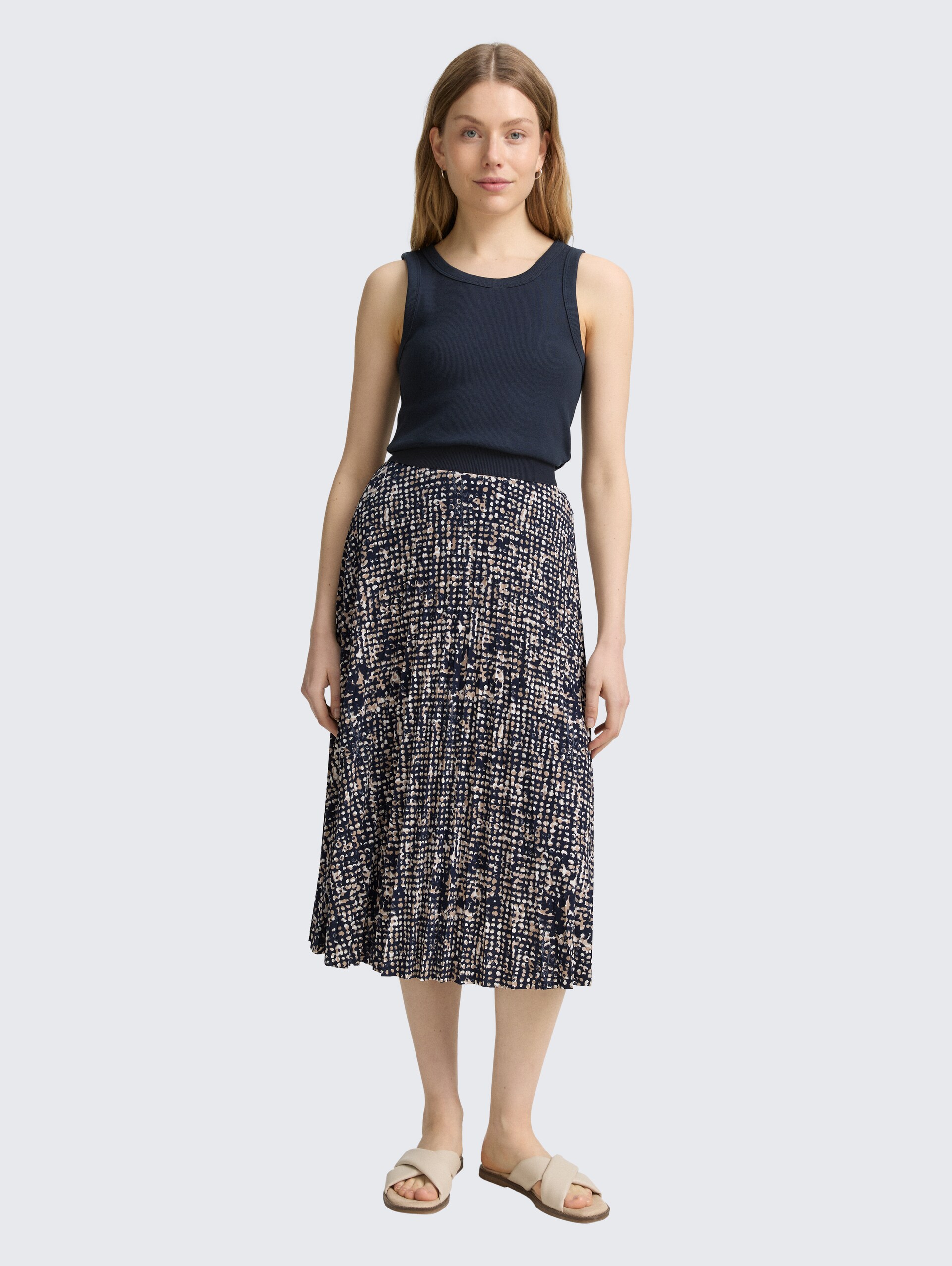 Plissee Midi-Rock - navy abstract dot design - Model-Vorderansicht