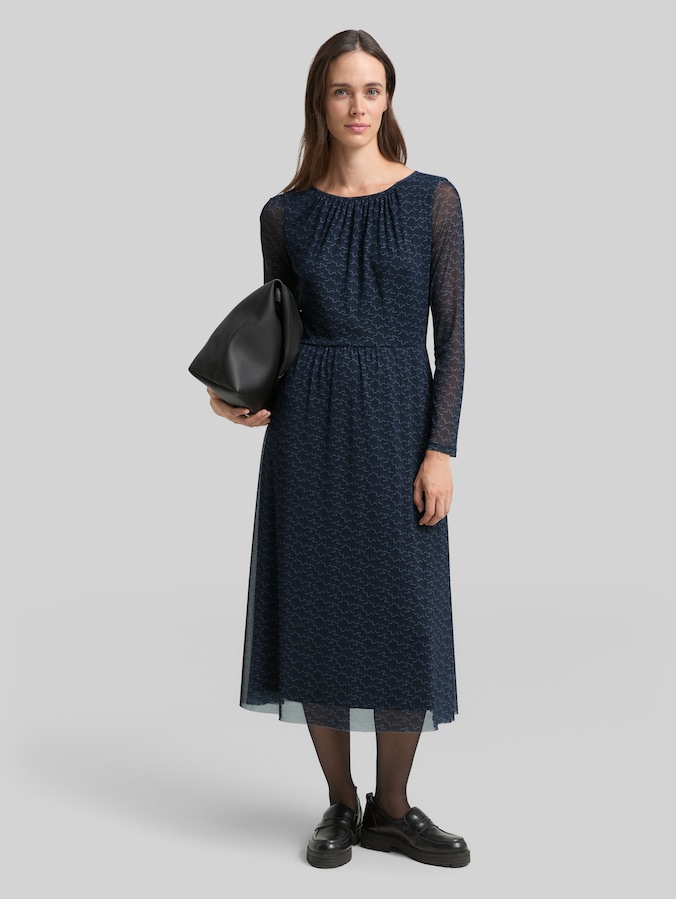 Midi-Meshkleid mit Muster von Women, small blue wave print