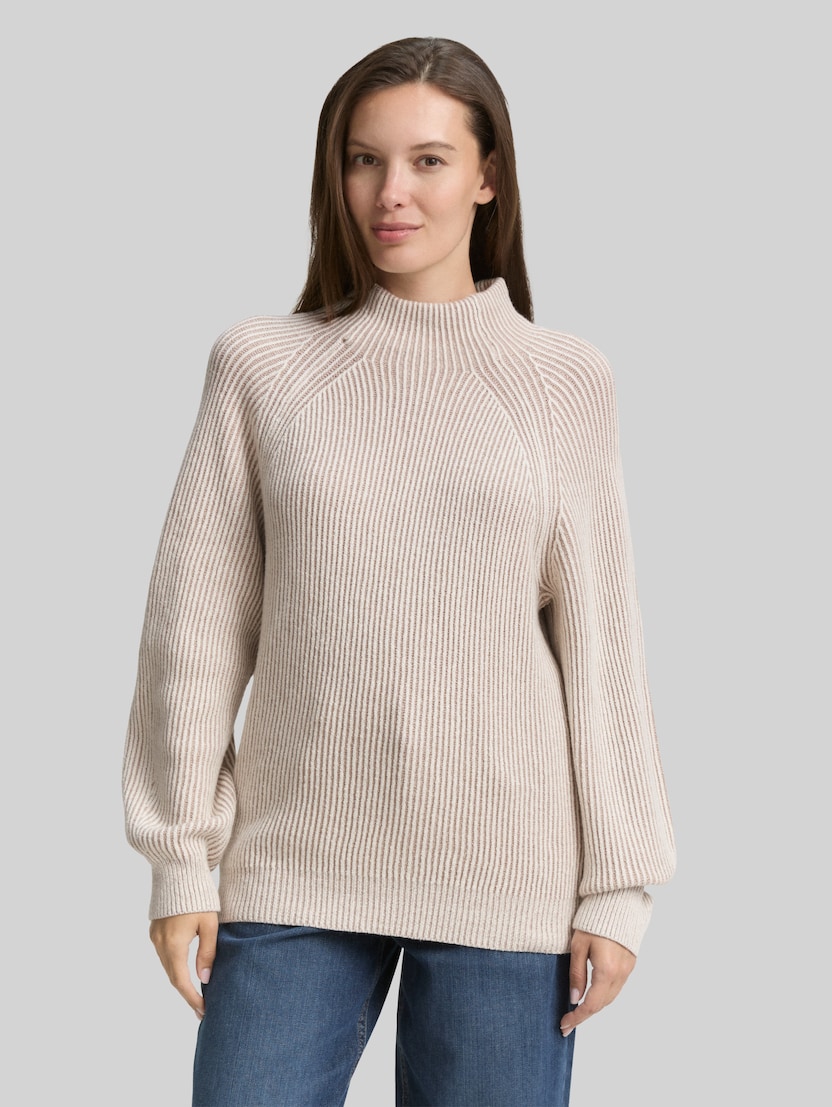 Loose fit knitted jumper with stand-up collar by Women, soft taupe rib structure