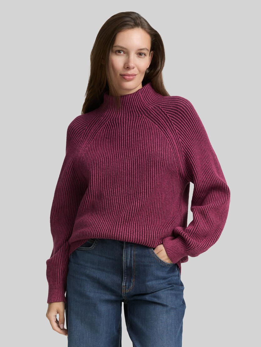 Loose Fit Strickpullover mit Stehkragen von Women, red rib structure
