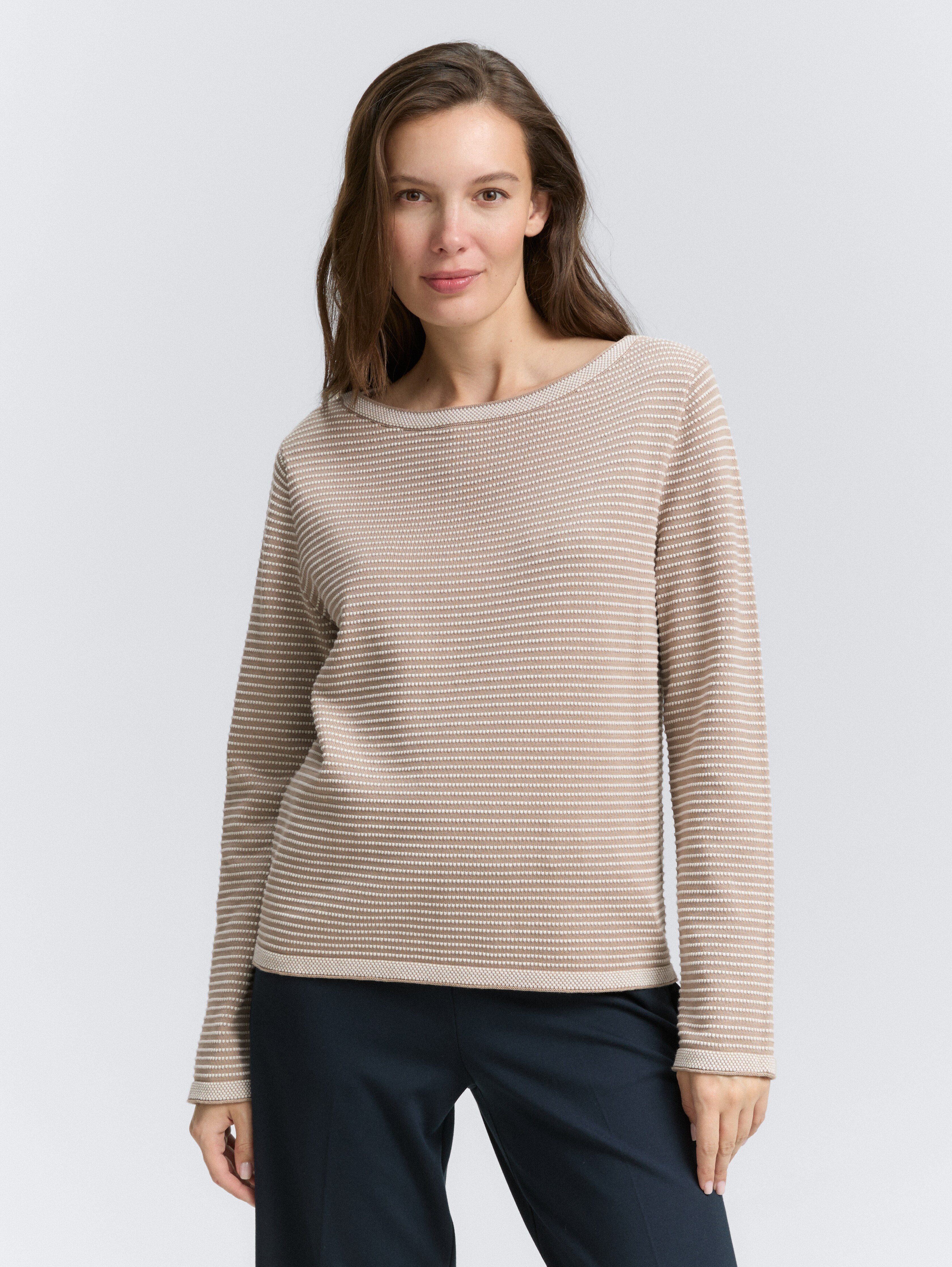 Strickpullover mit U-Boot-Ausschnitt von Women, soft taupe bubble knit stripe