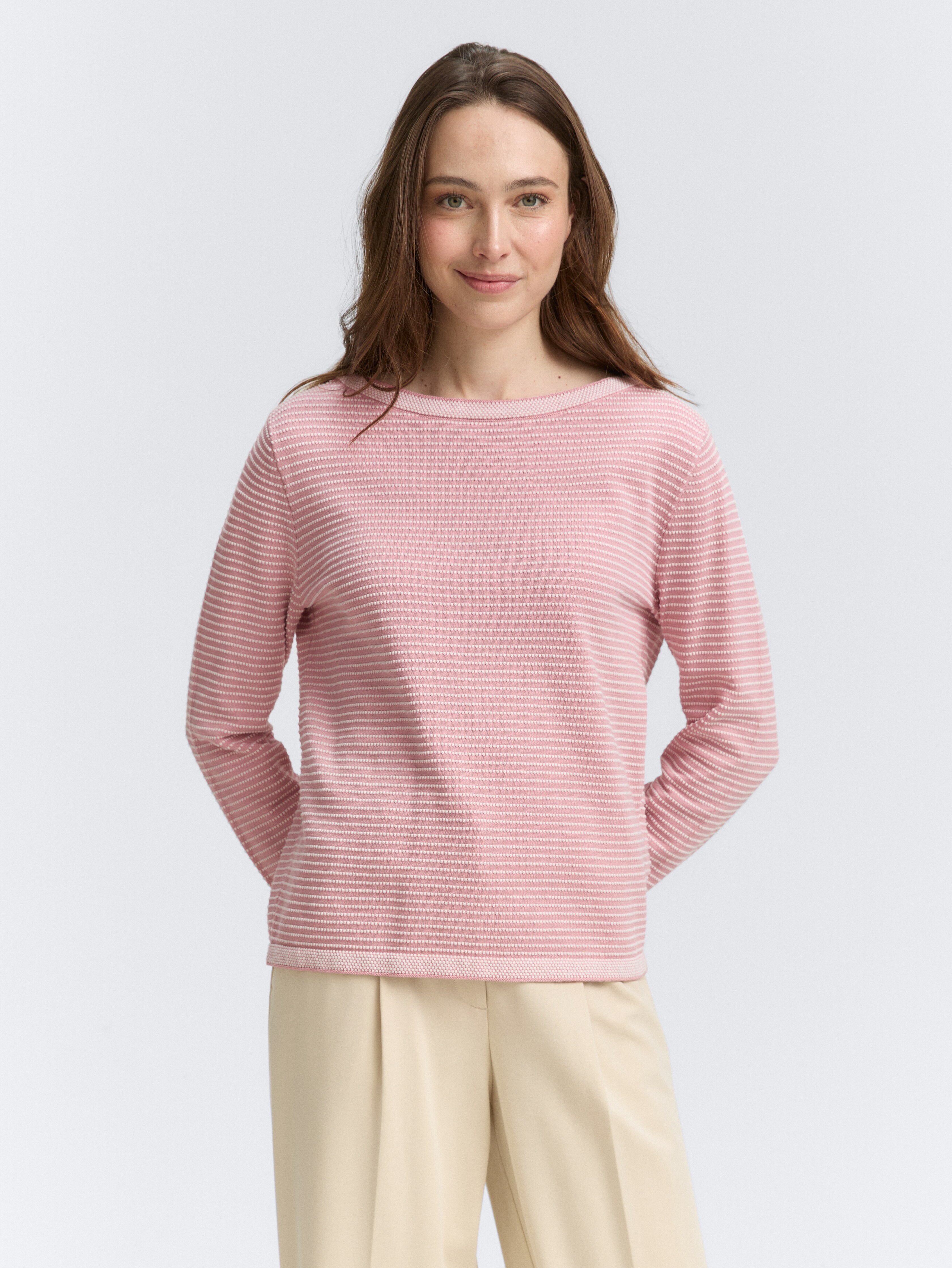 Strickpullover mit U-Boot-Ausschnitt von Women, rose bubble knit stripe
