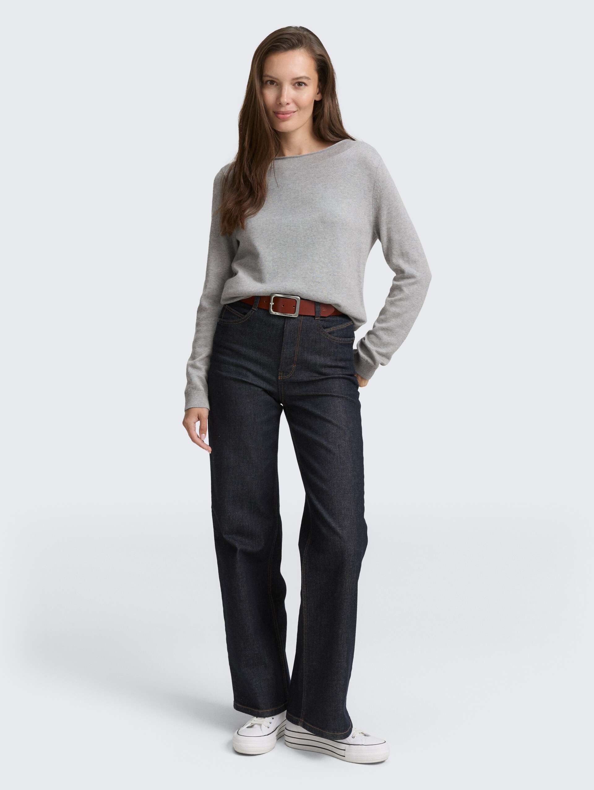 Strickpullover mit U-Boot-Ausschnitt - medium silver grey melange - Model-Vorderansicht