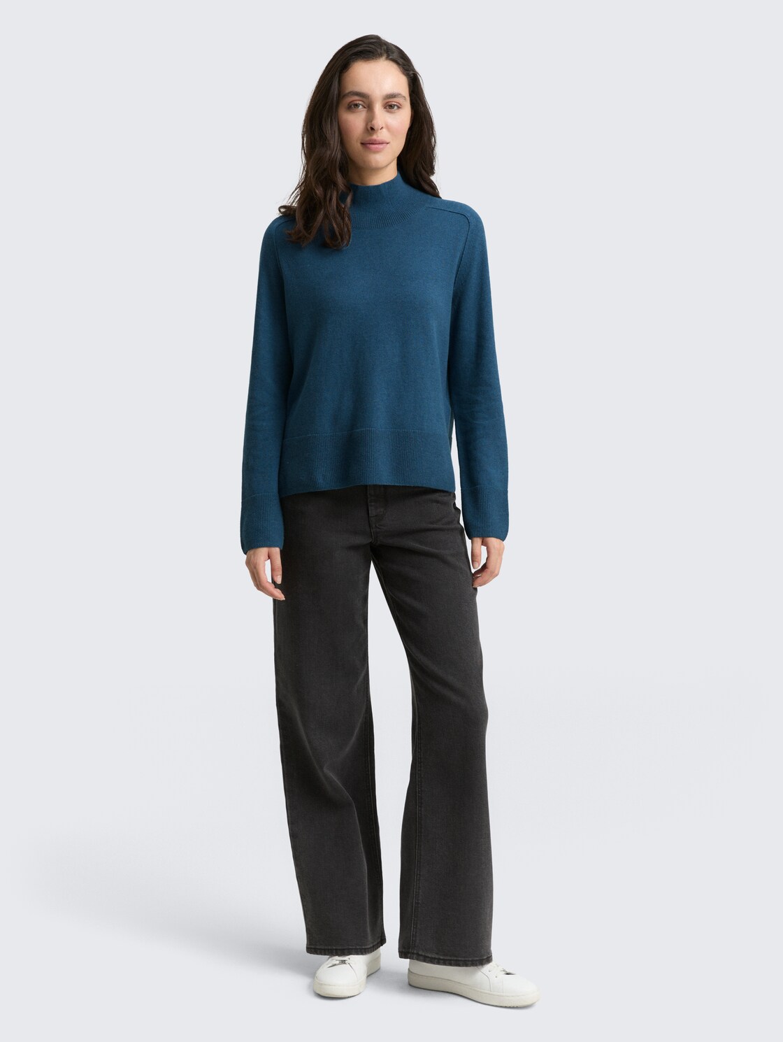 Strickpullover mit Kaschmir-Anteil - dark petrol melange - Model-Vorderansicht