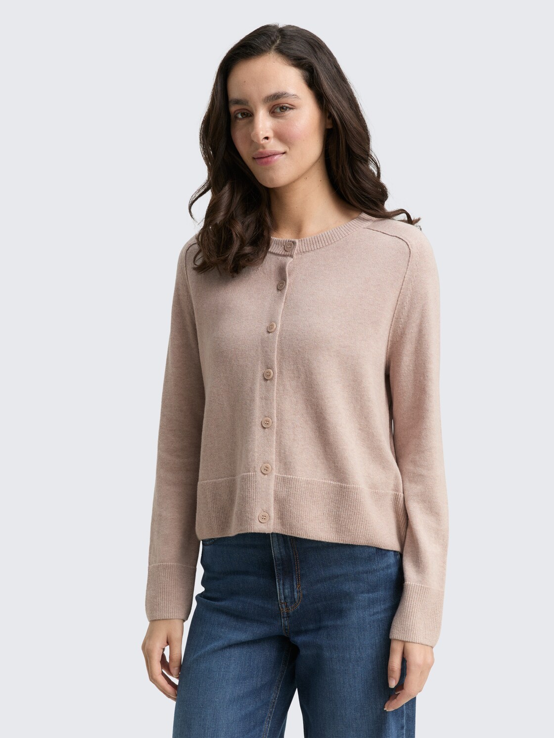 Cardigan mit Kaschmir-Anteil - soft taupe melange - Ausschnitt Model-Vorderansicht