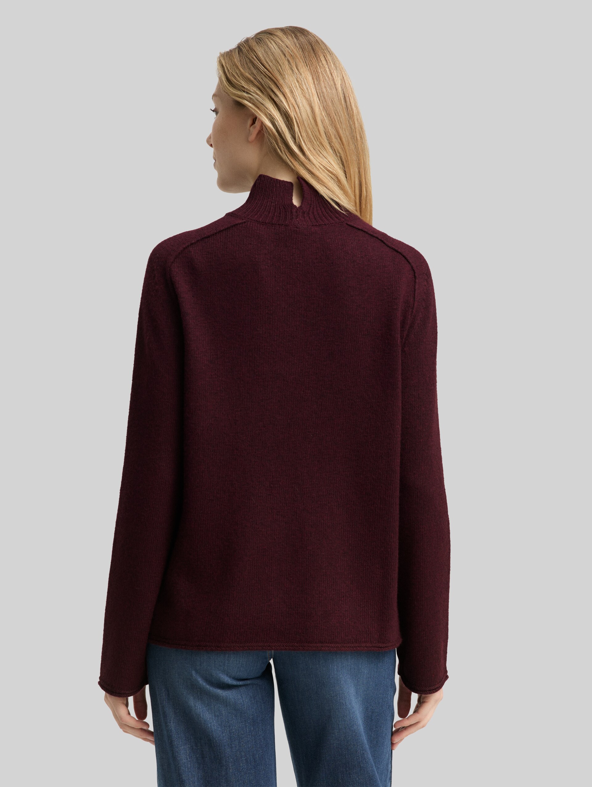 Loose fit knitted jumper with stand-up collar - Dark Red Mélange