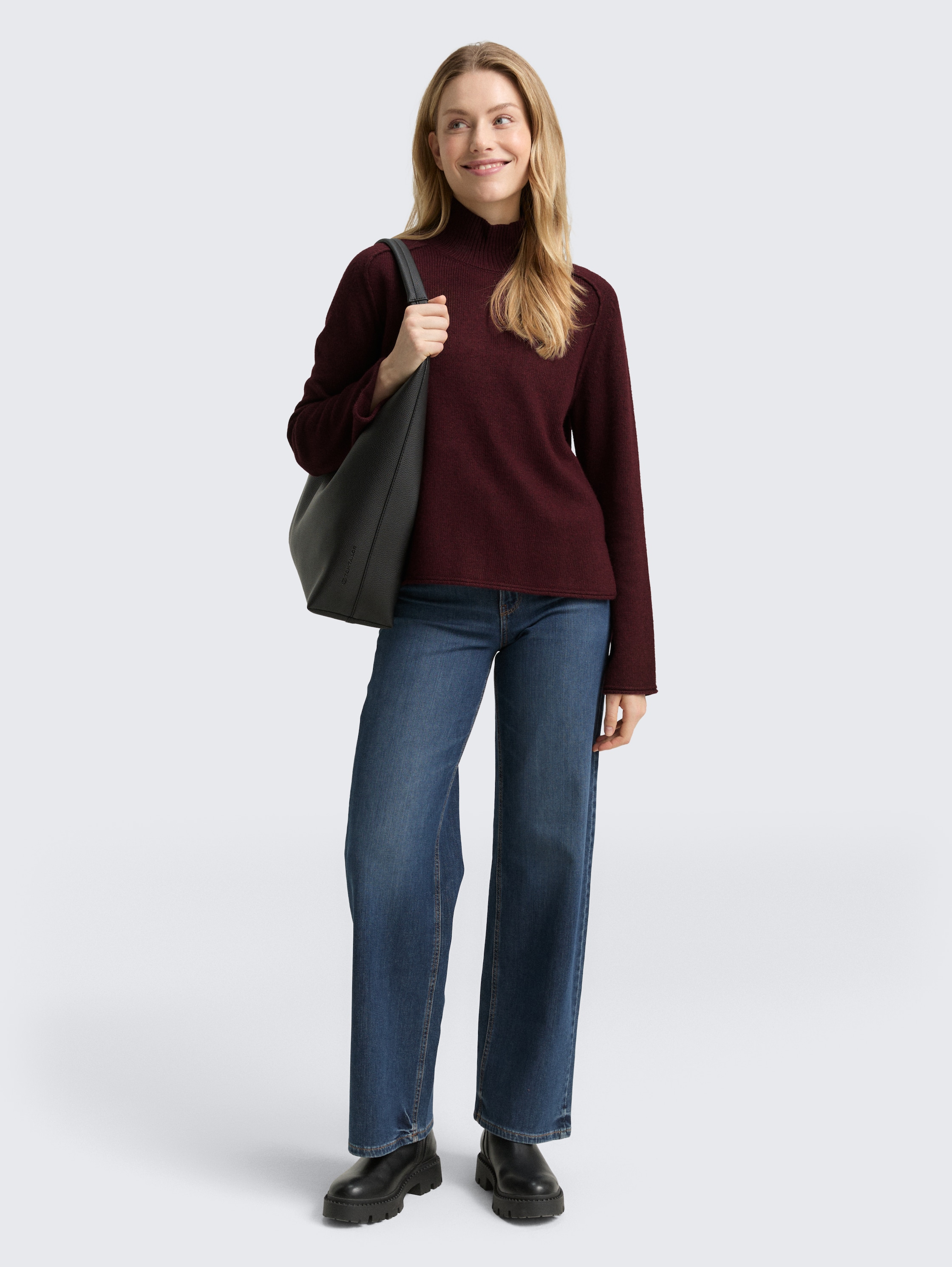 Loose fit knitted jumper with stand-up collar - dark_red_mlange - 