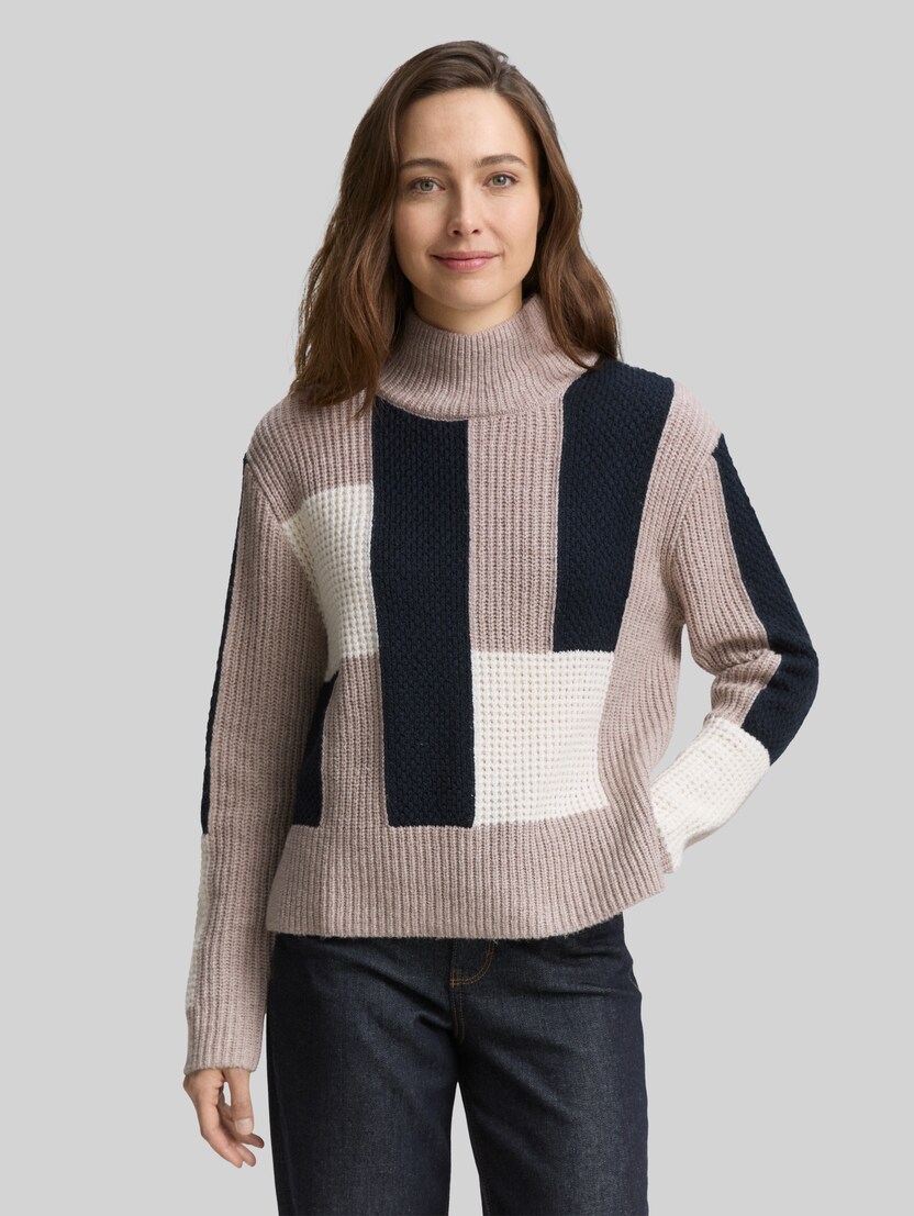 Loose Fit Strickpullover mit Colour Blocking von Women, taupe structured colorblock