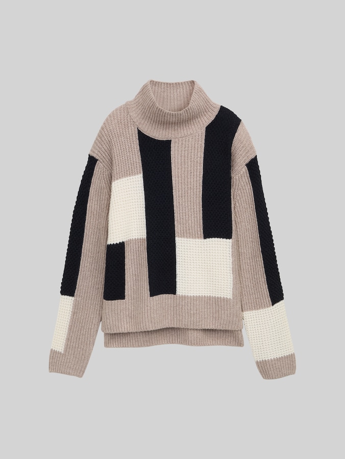 Loose Fit Strickpullover mit Colour Blocking von Women, taupe structured colorblock