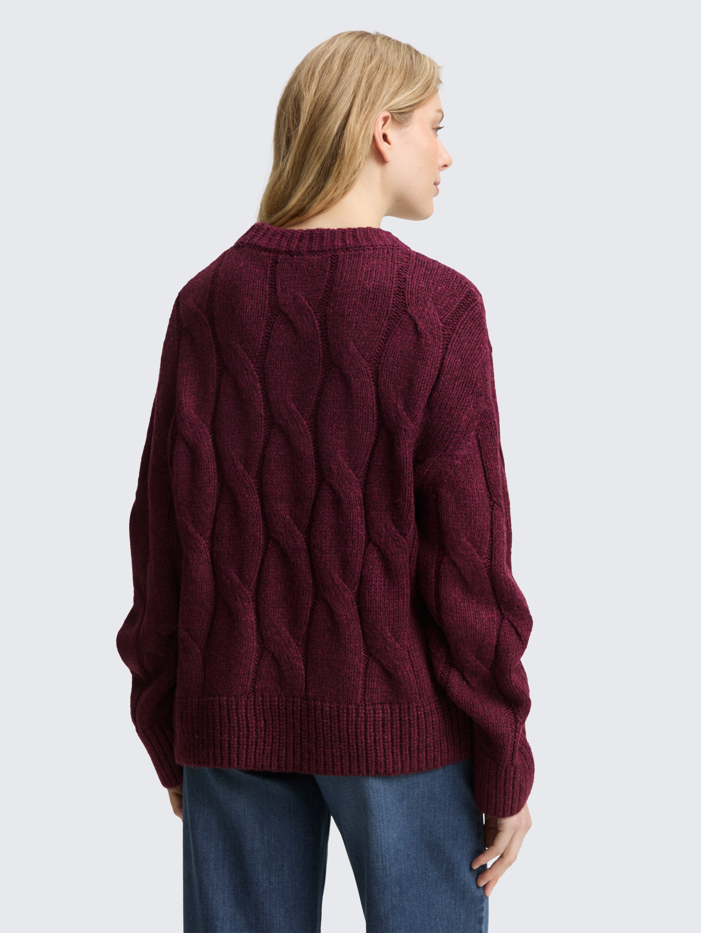 Loose Fit Strickpullover mit Zopfmuster - Dark Red Mélange