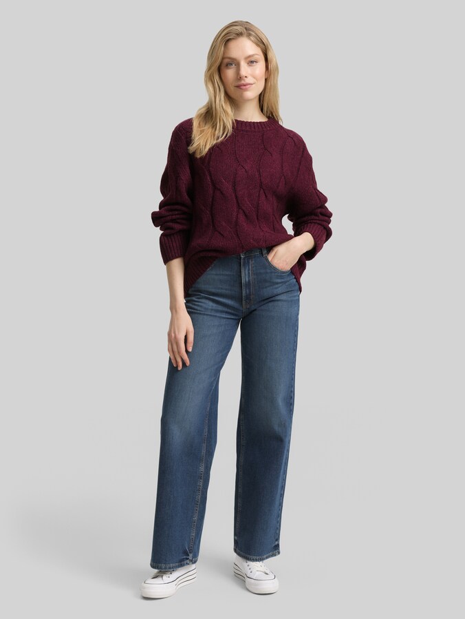 Losse gebreide trui met kabelpatroon door Women, Dark Red Mélange