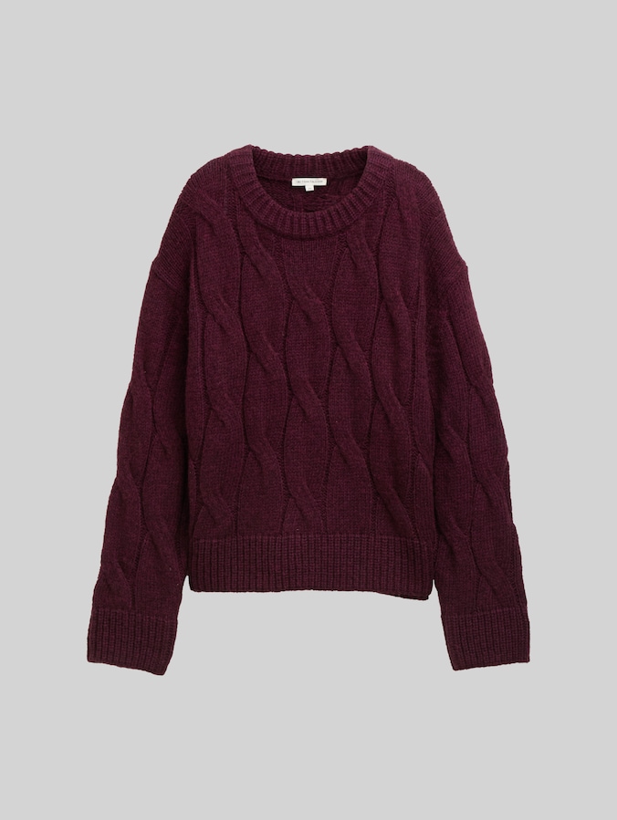 Losse gebreide trui met kabelpatroon door Women, Dark Red Mélange