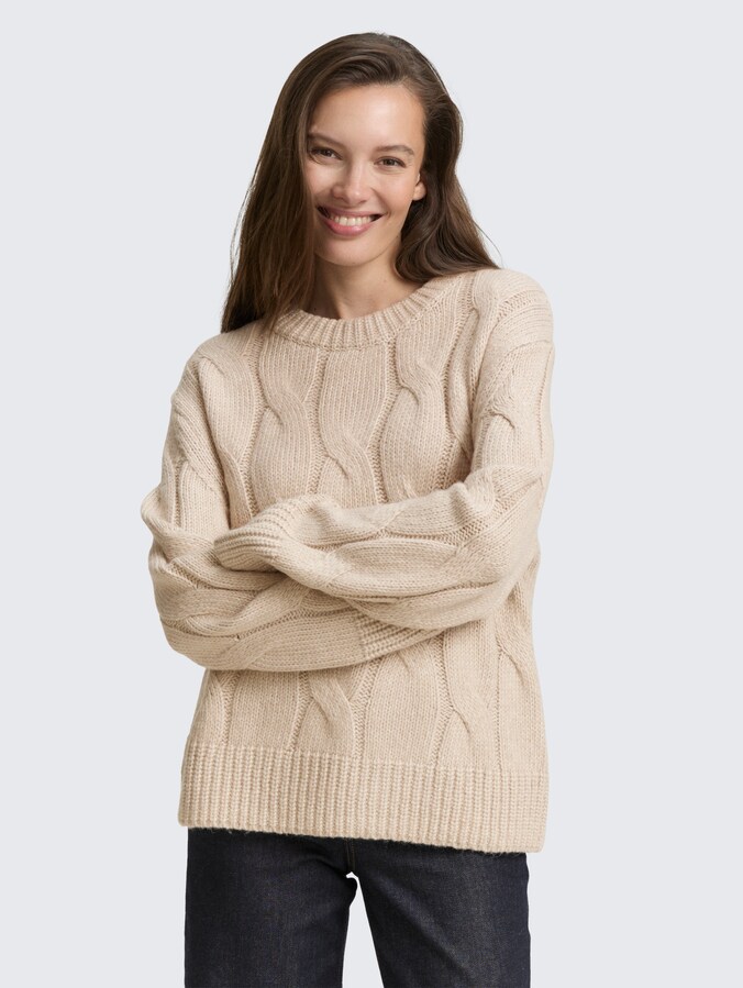 Loose Fit Strickpullover mit Zopfmuster von Women, soft taupe melange