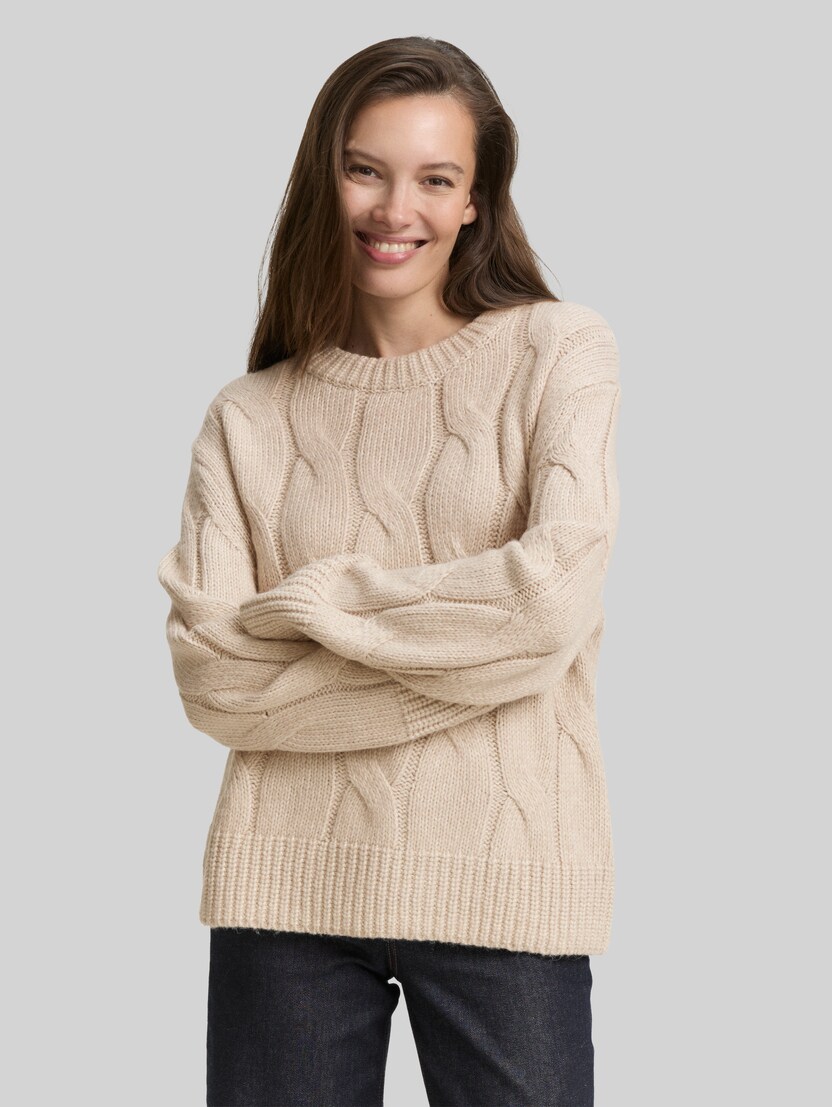 Loose Fit Strickpullover mit Zopfmuster von Women, soft taupe melange