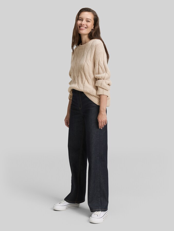 Pull en tricot Loose Fit avec motif torsadé par Women, soft taupe melange