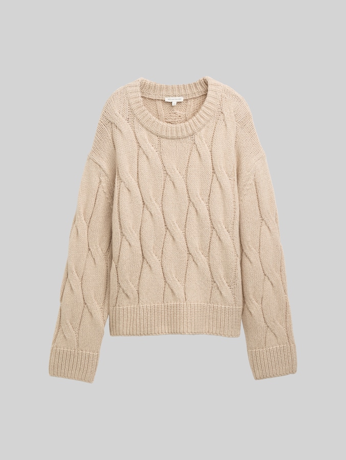 Loose fit knitted jumper with cable pattern by Women, soft taupe melange