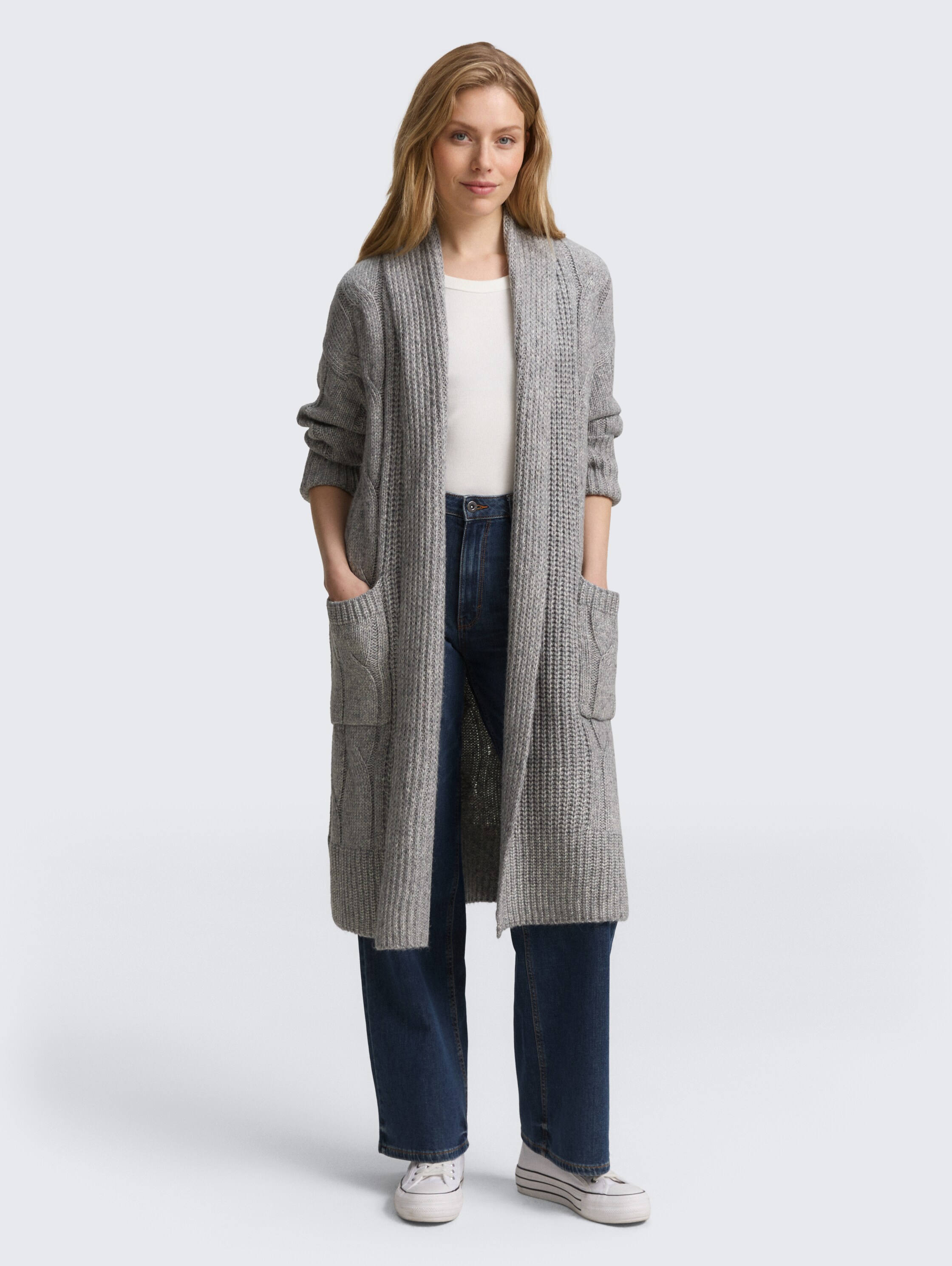 Loose Fit Cardigan mit Zopfmuster - medium_silver_grey_melange - 