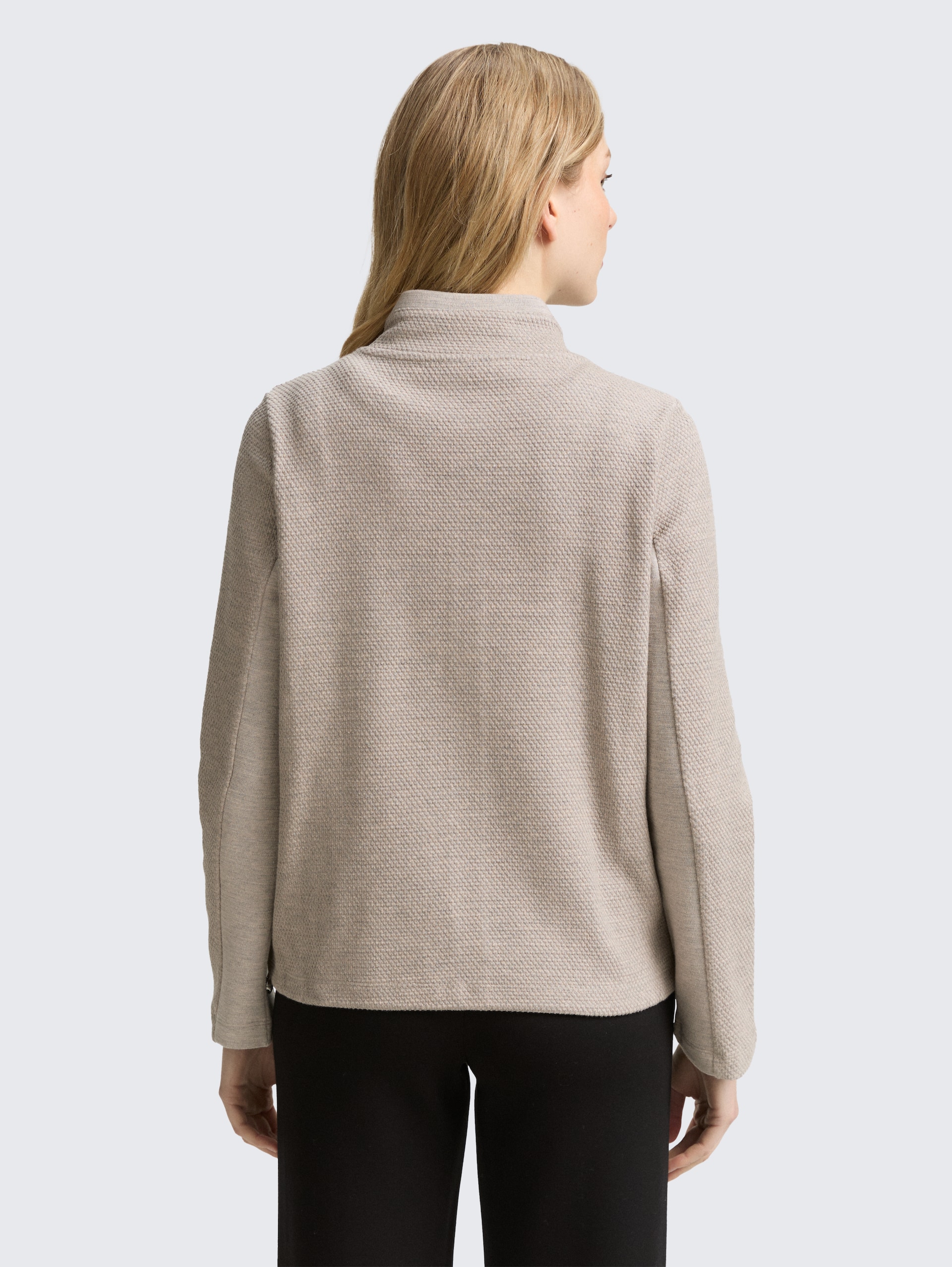 Sweatjack met opstaande kraag - soft taupe melange - Neklijn model-achteraanzicht
