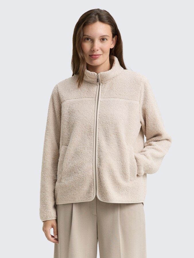 Teddy sweat jacket with stand-up collar by Women, soft taupe grey melange