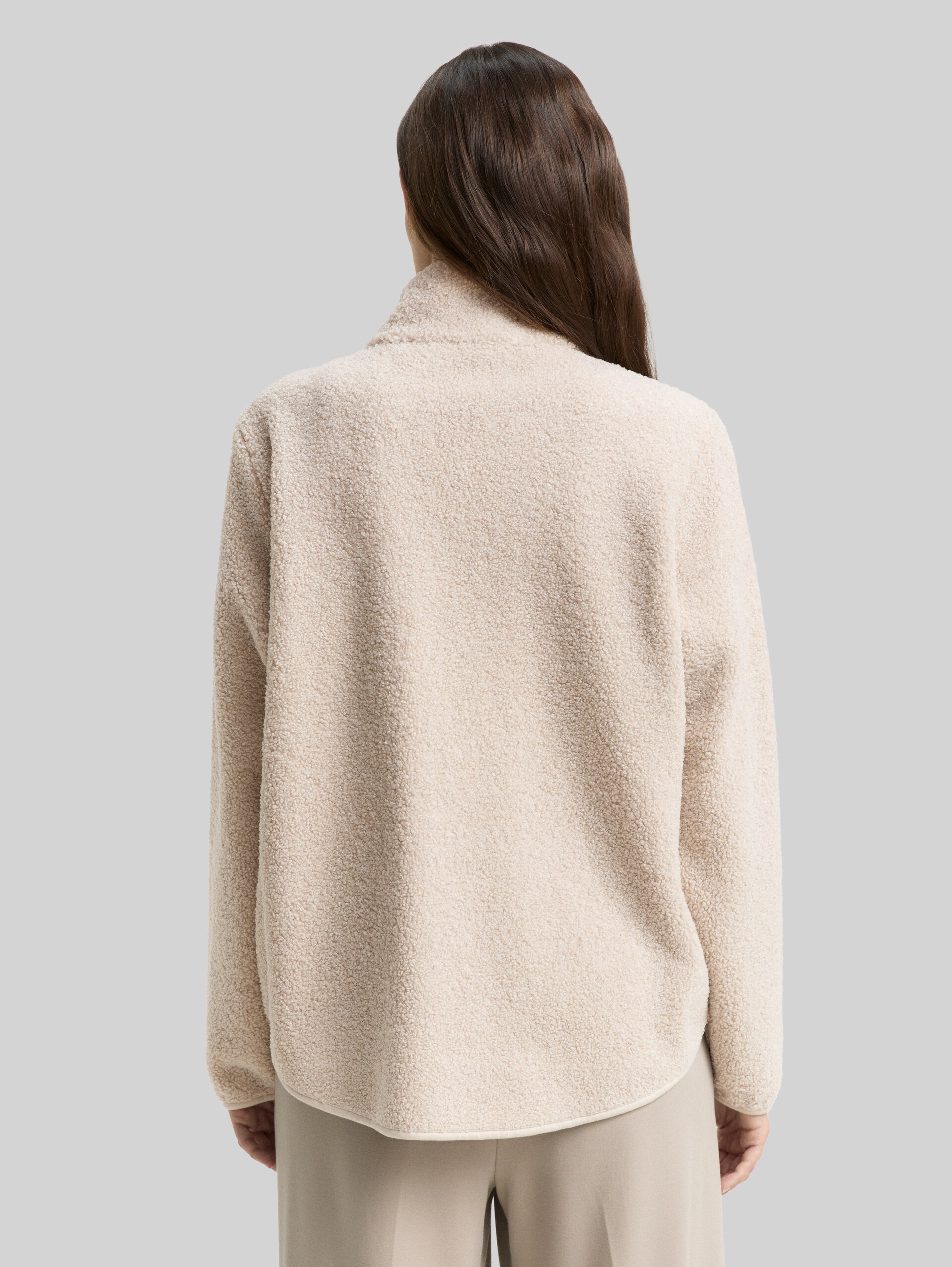 Teddy sweat jacket with stand-up collar - soft taupe grey melange - Neckline model-back view