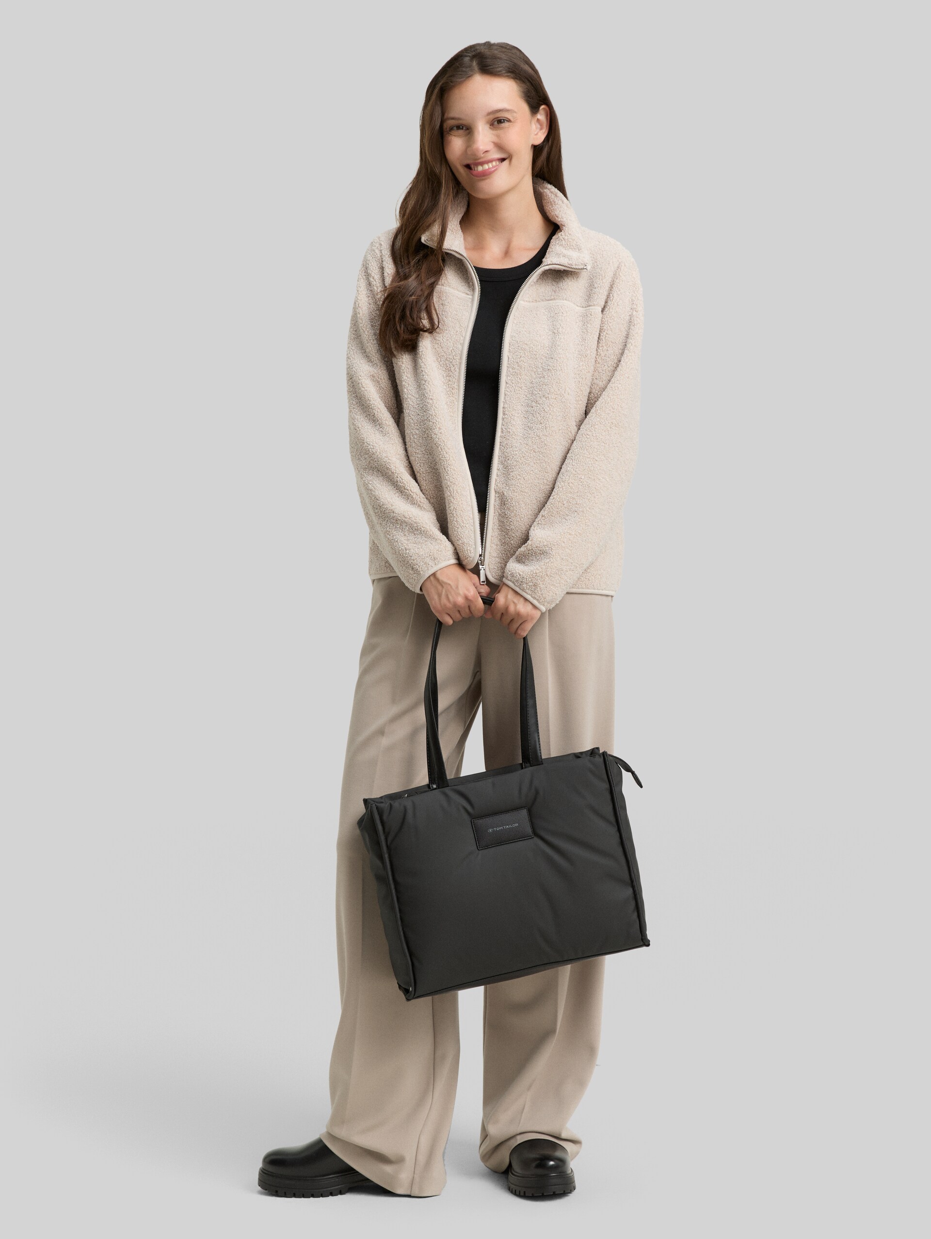 Teddy sweat jacket with stand-up collar - soft taupe grey melange - Model front view