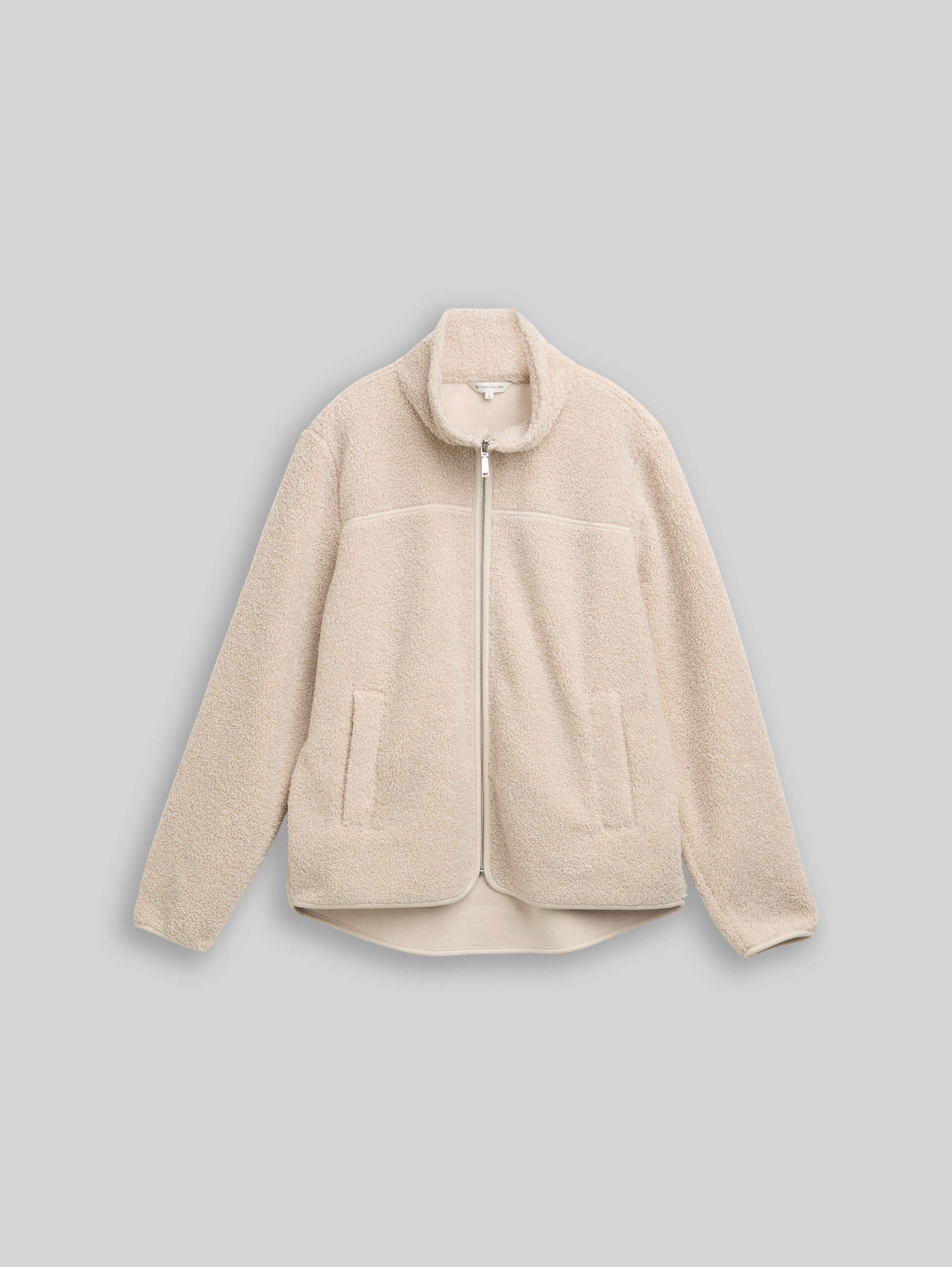 Teddy sweat jacket with stand-up collar - soft taupe grey melange - Front product view