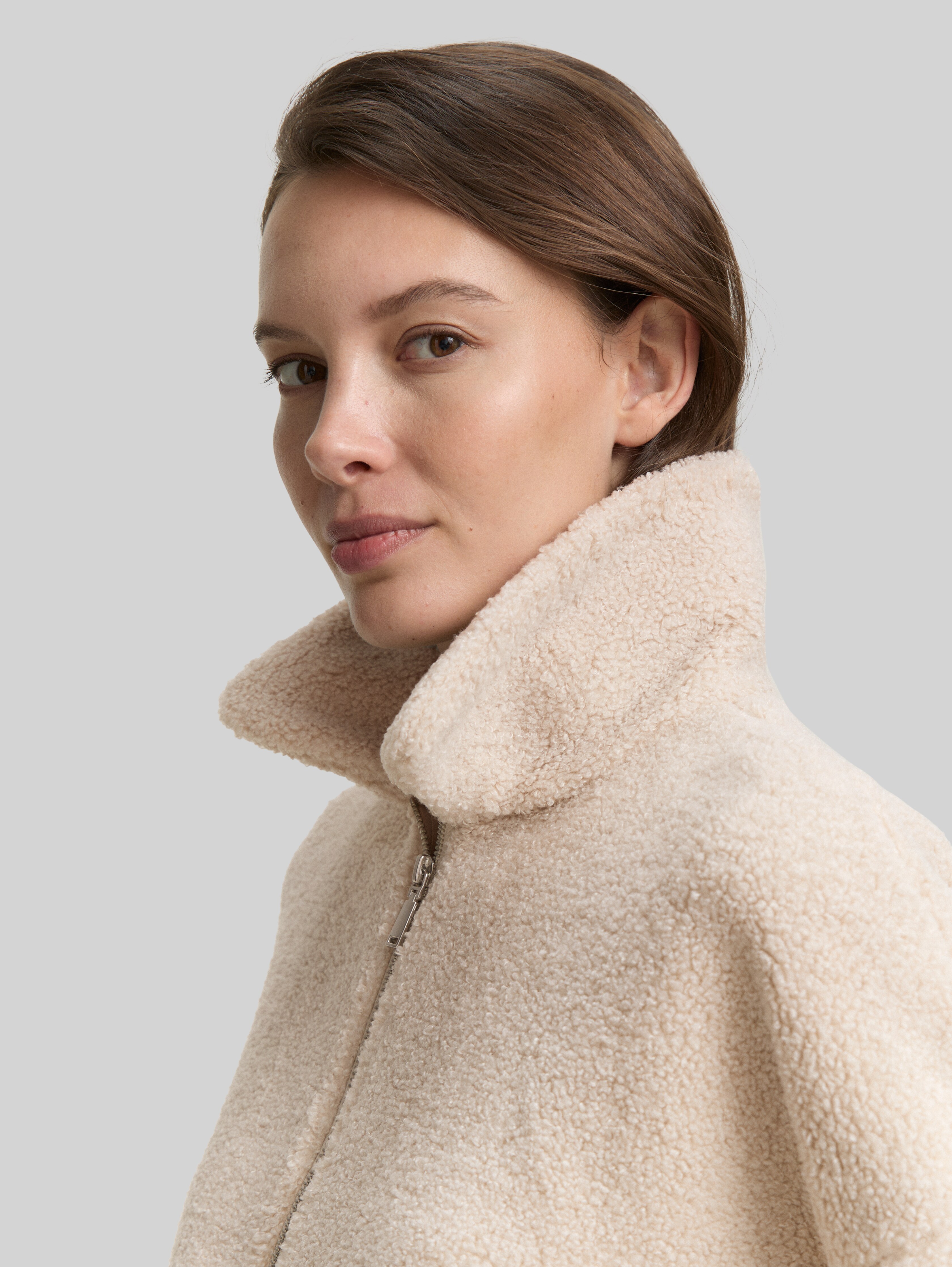 Teddy fleece sweatshirt jacket in beige by Tom Tailor