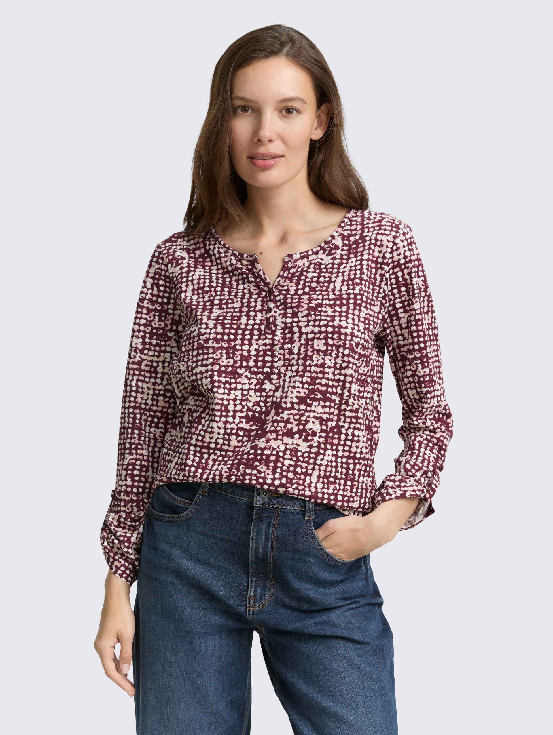 Henley blouse shirt with pattern - dark red abstract dot design - Neckline model front view