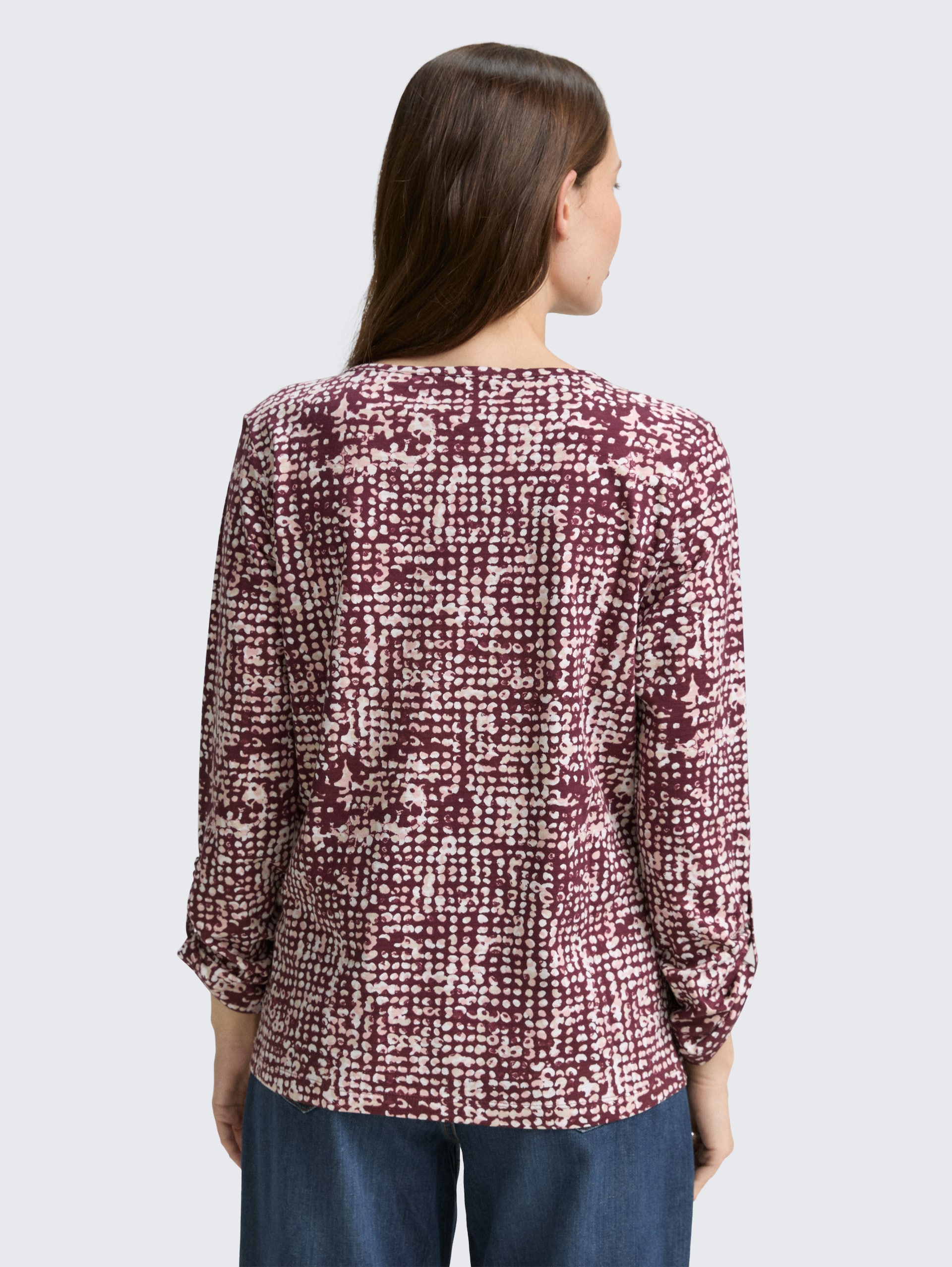 Henley blouse shirt with pattern - dark red abstract dot design - Neckline model-back view
