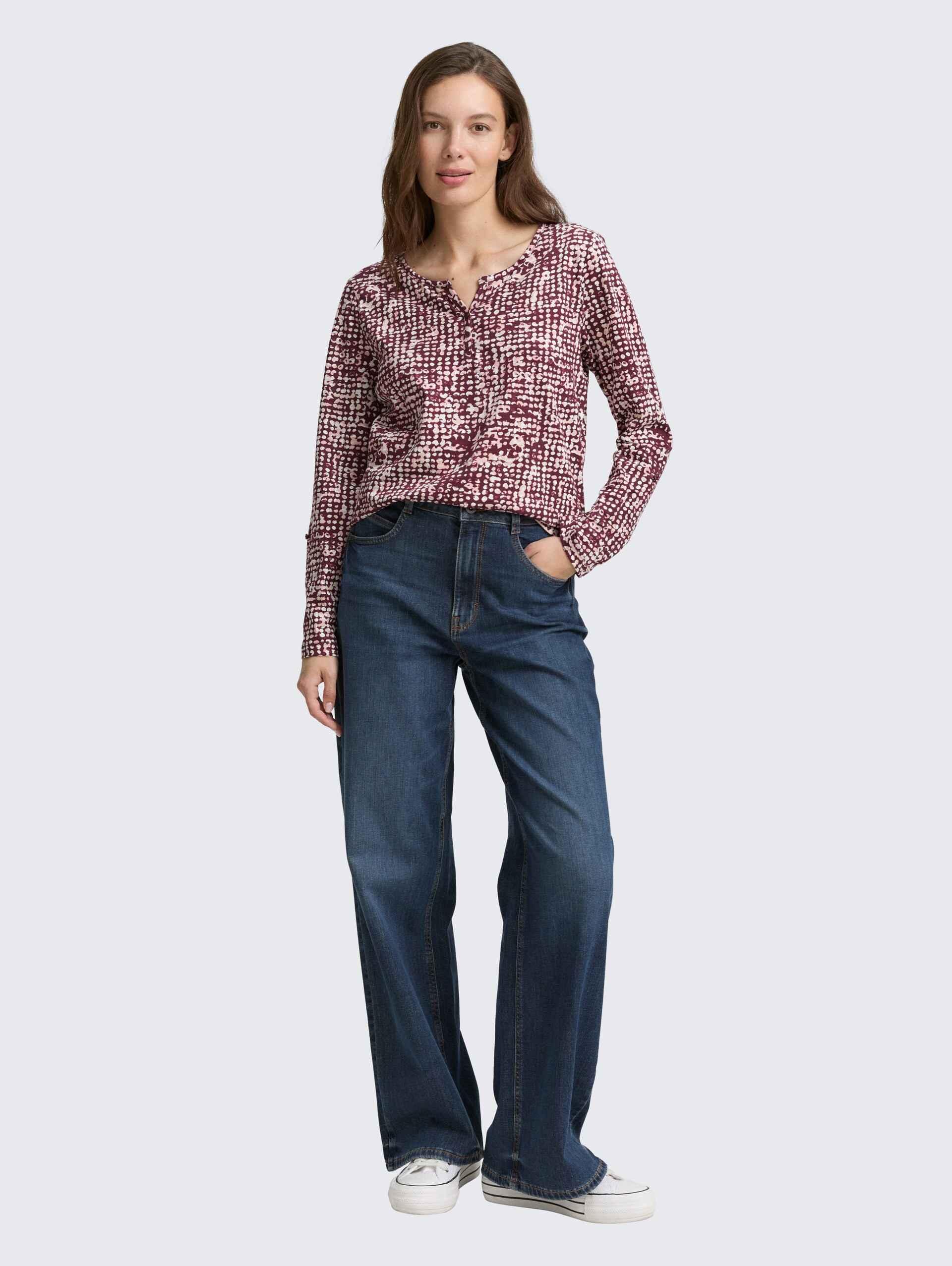 Henley blouse shirt with pattern - dark red abstract dot design - Model front view