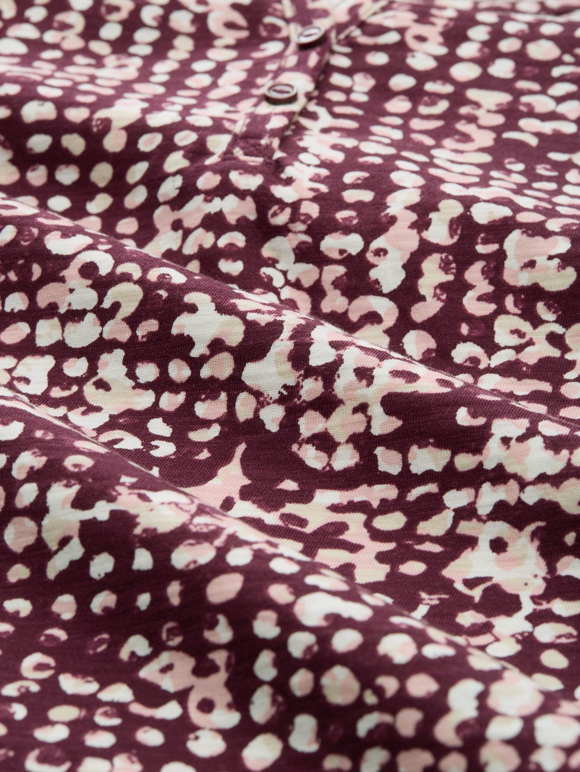 Henley blouse shirt with pattern - dark red abstract dot design - Material view