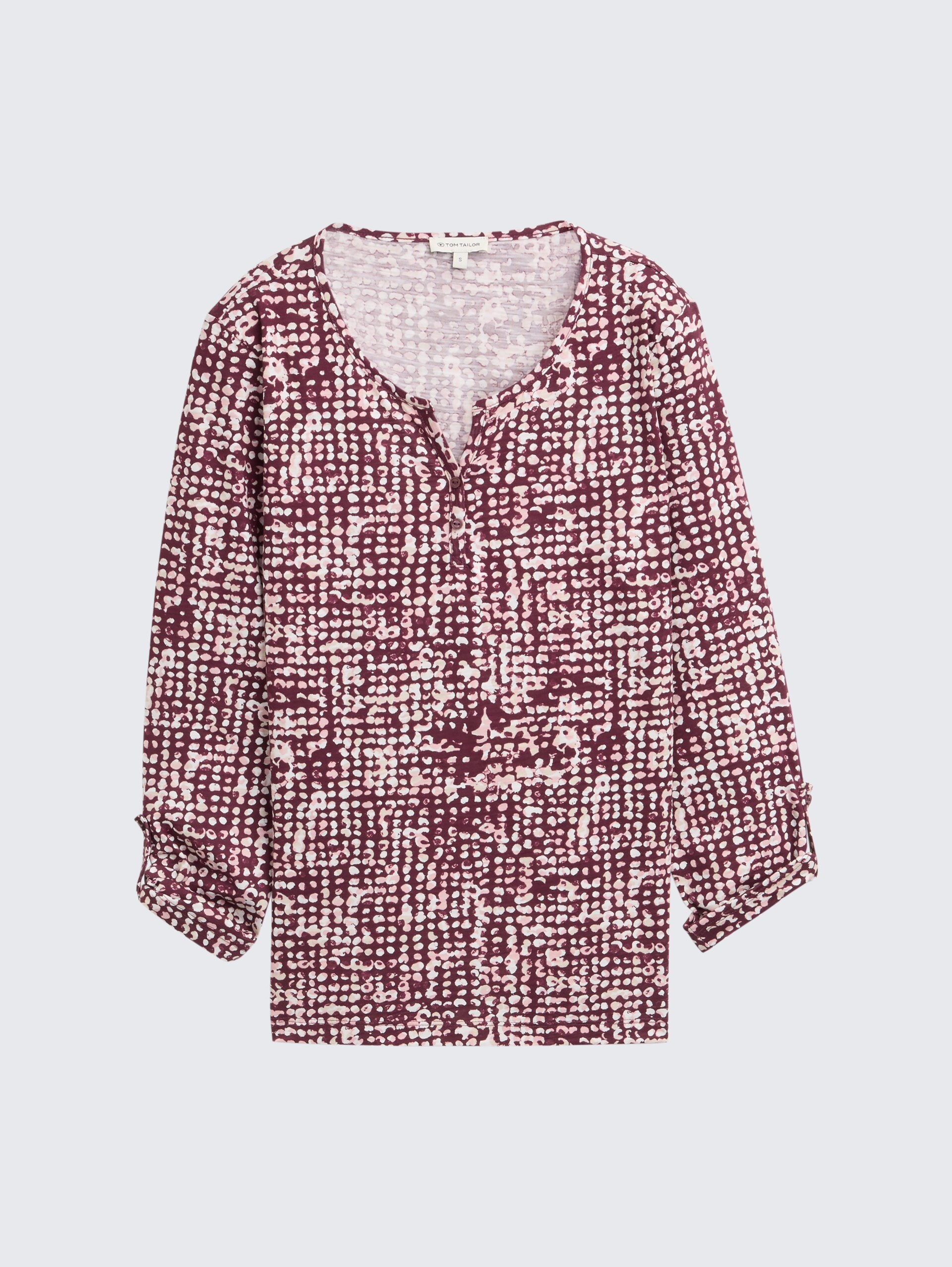 Henley blouse shirt with pattern - dark red abstract dot design - Front product view