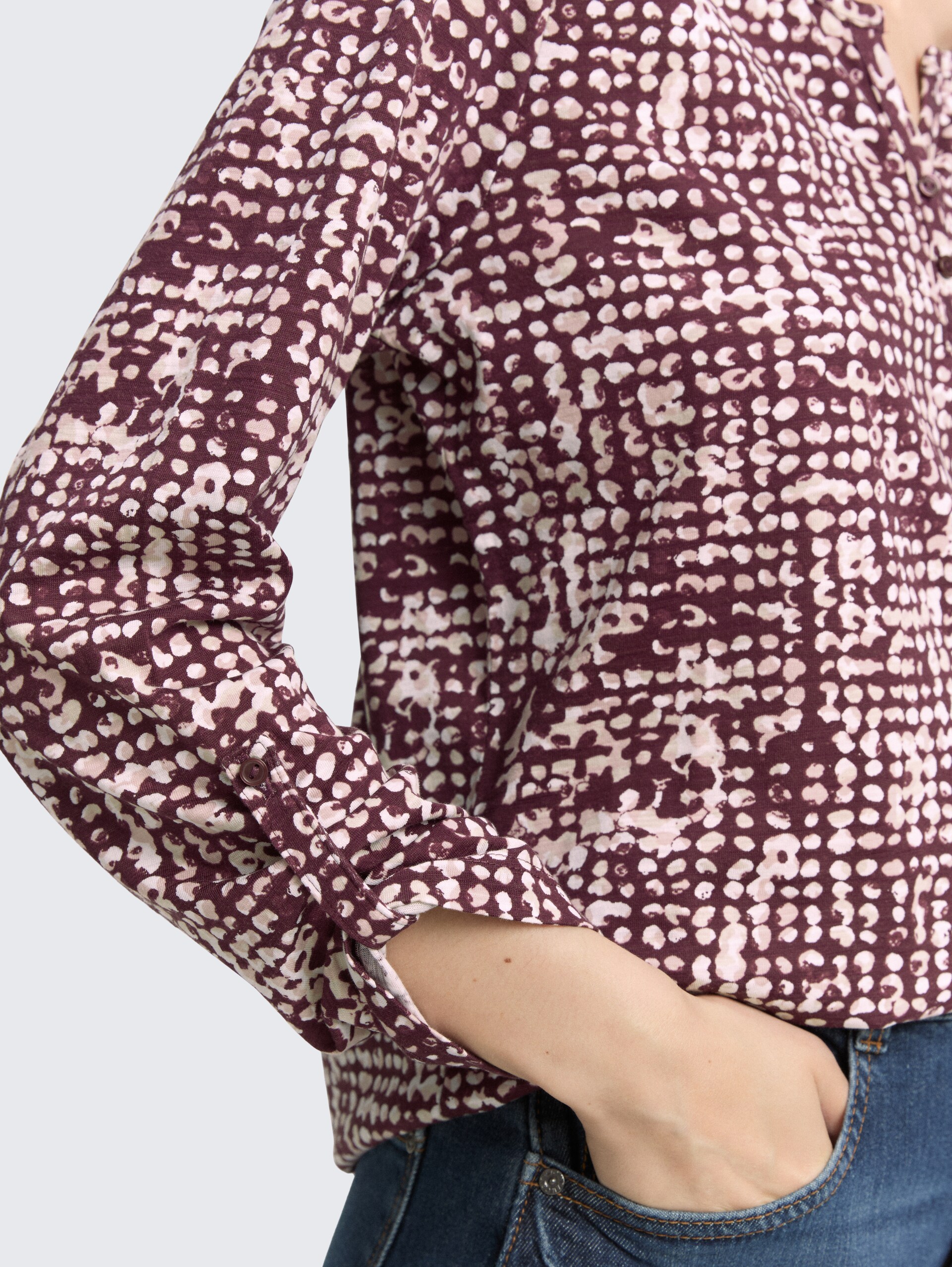 Henley blouse shirt with pattern - dark red abstract dot design - Detail model view